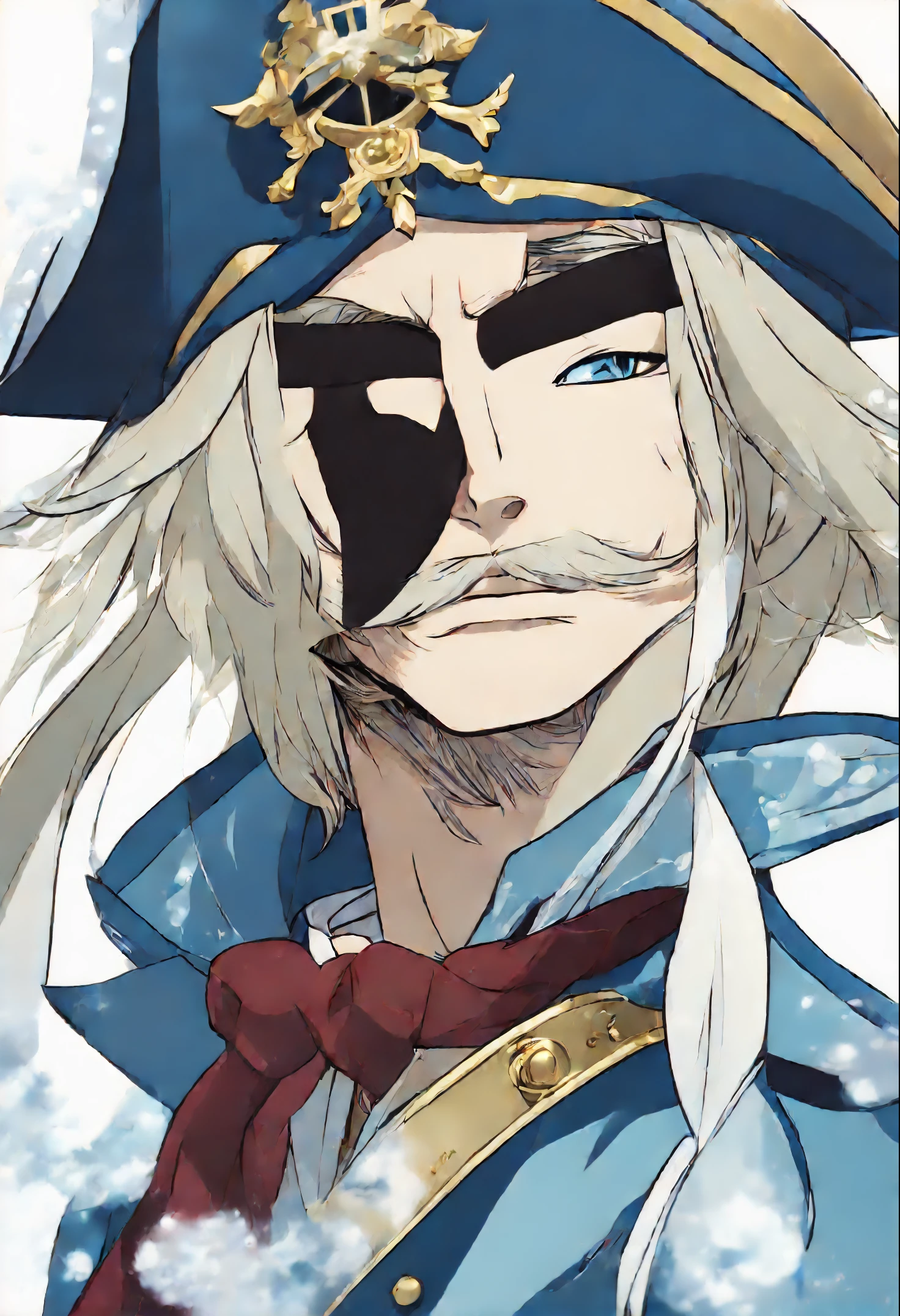 Anime character, style anime "frozen", Anime characterrozen ", Anime Character Face Type " frozen", style anime, Close-up of a person (a pirate) , King of a pirates, Masamune shiro, a pirate captain, key anime art,