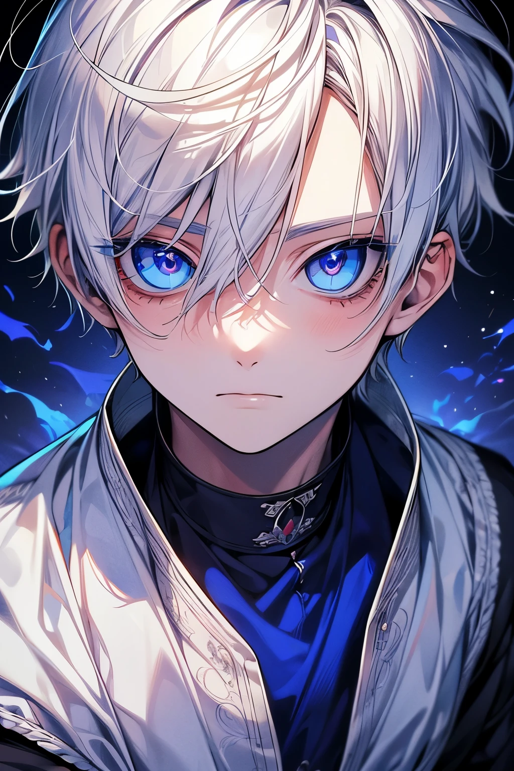 (masutepiece), (Best Quality), Highly detailed, 1 boy, Solo Focus,Perfect face, Beautiful face, extra detailed face,(white hair:1.3),(blue eyess:1.3)