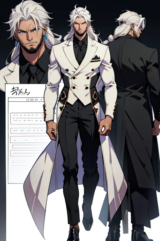 dark skin man, male, black eyes, white hair, long hair, anime style, 4k image, full body, holographic background, Character sheet, Handsome male. Perfect face, 6 ft 5 tall middle aged man. White hair. Long hair. Grey eyes. Beard. Eyepatch. Earrings. Toned body. Muscular male, character design sheet，full bodyesbian, Full of details, body front view, body back view,  Full body, muscle body, Formal suit fantasy, ((Masterpiece, Highest quality)), Detailed face, character design sheet， full bodyesbian, Full of details, frontal body view, back body view, Highly detailed, Depth