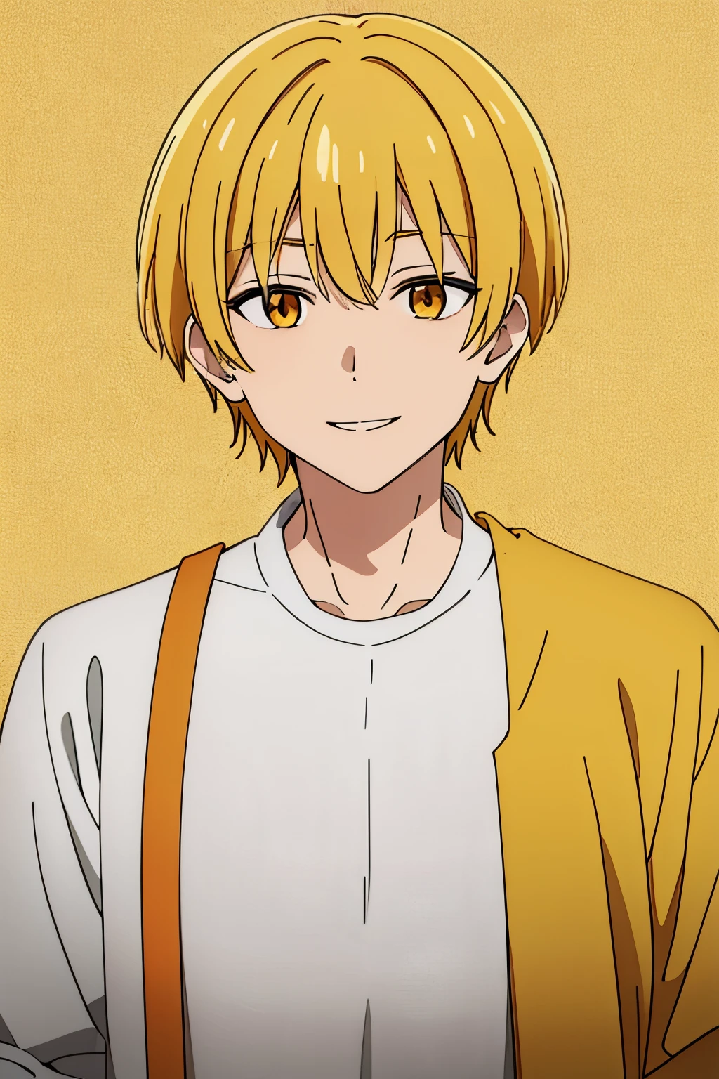 male, boy ,man, short haircut, bangs, messy bangs, yellow hair, orange eyes, smile, yellow open shirt,