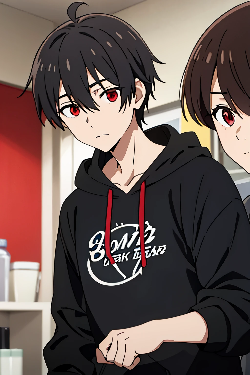 1boy, black hair, red eyes, ahoge, cowlick, hort haircut, messy bangs, black hoodie, skinny, pale skin, long eyelashes