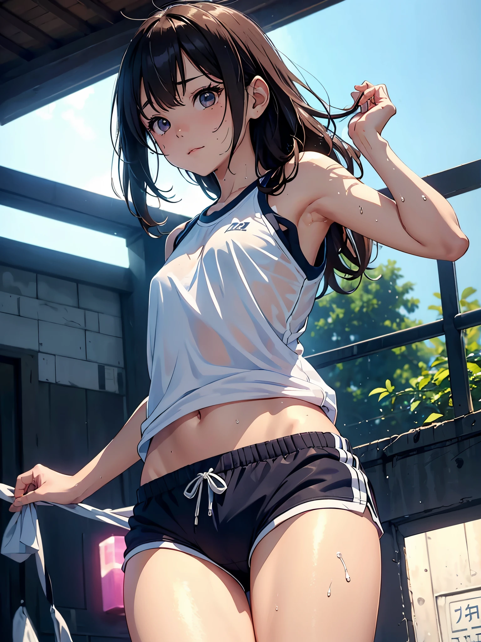 (Superflat, Flat Shading, flat-colors:1.1)、(one asian boyish girl)、(cute little:1.2)、very beautiful 14 year old cartoon girl、Great smile、cheeks are reddened、(High Detail Skin: 1.2)、photorealistic anime girl render、realistic anime 3 d style、cute littleボブカット、Beautiful brown hair、Intense black eyes、Strong highlights of the eyes、(A detailed、medium chest)、Perfect Anatomy、hair messy、old style sportswear、((Sportswear that is transparent with sweat))、white tight sleeveless shirt、dark blue short tight shorts、((Wet with water))、From below、((from the front side))、showing off shorts、Sportswear with a small area、Angle from your feet、Angle from below、((Angle looking up from below、Crotch show off))、Volumetric lighting、Soft light、Bright、neons、Vibrant colors、watercolor paiting、