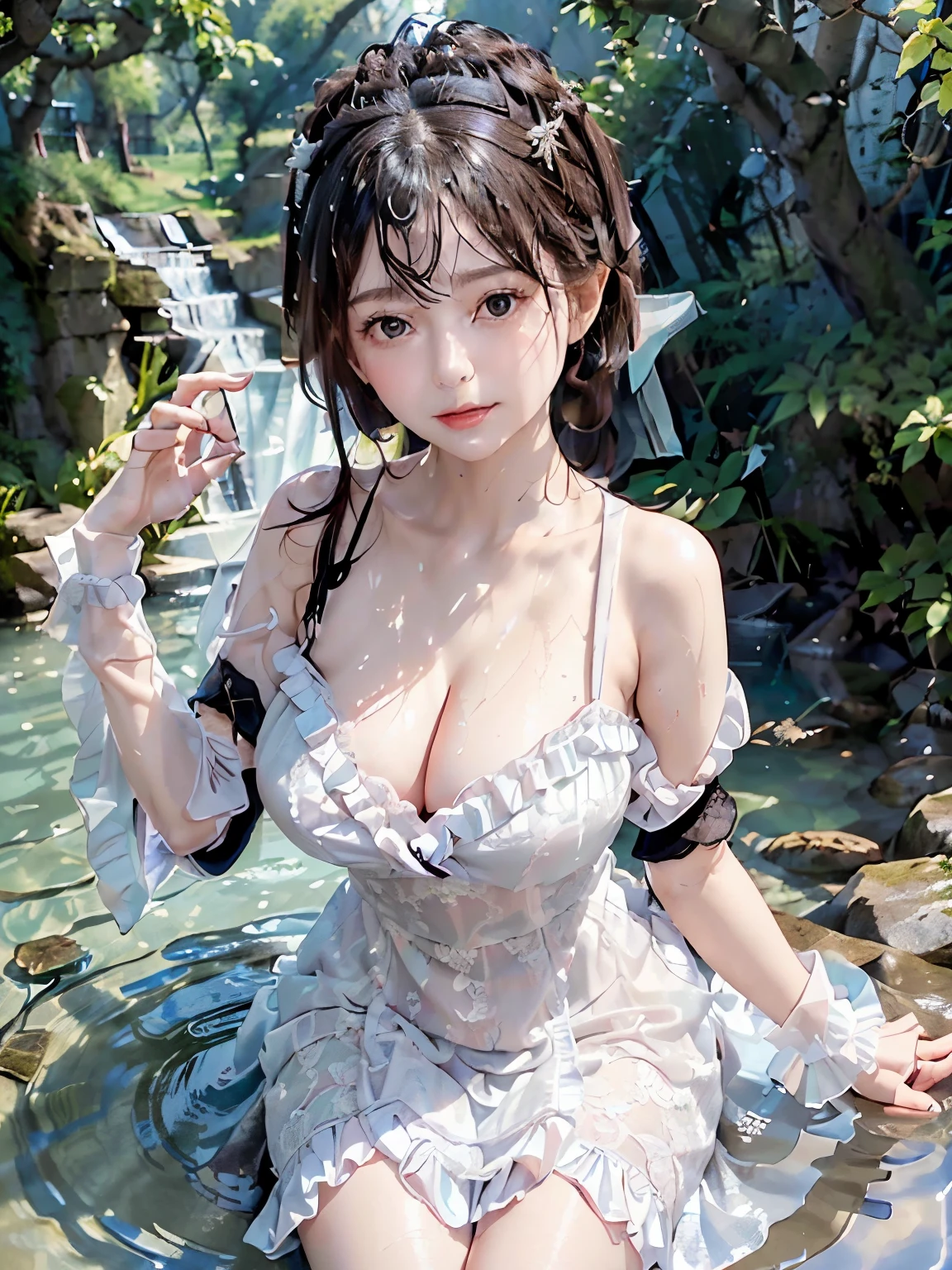 best quality, ultra hi res, photoreaslistic, a photography of a beautiful woman, , detailed face, black Feathered layers, (detailed porcelain doll,delicate clothes with a lot of frills and ribbonridge, (face close up), open V-chested clothes royal, Wet body of thin silk fabric, Thin silk lace dress, (huge boobs，cleavage),, white pink, blue ，best qualtiy，tmasterpiece，超高分辨率，（真实感：1.4），RAW photogr，（True skin texture：1.3），（filmgrain：1.3），（Selfie angle），1个Giant Breast Girl，Beautiful eye and face details，tmasterpiece，Best quality at best，exposing thighigchest，The chest more exposed, seductive look, looking at viewer