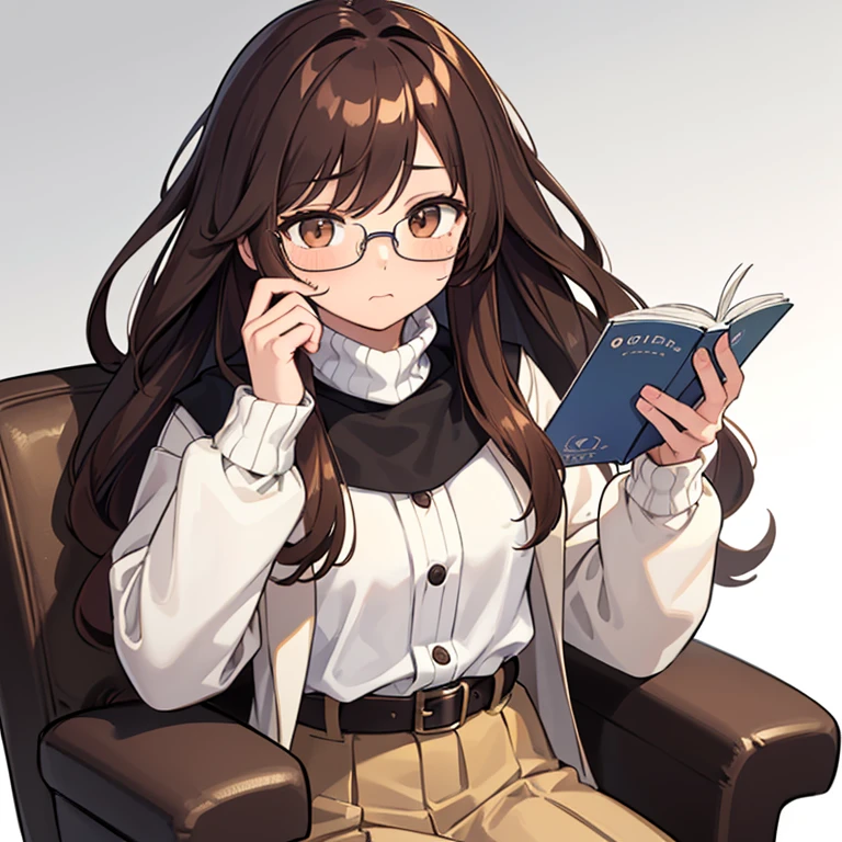 1girl in, Solo, Solo focus, sit a chair,Having a book,Holding a book in your hand,Cowboy Shot,Since a while ago,Portrait, soft rib turtleneck,White turtleneck, cardigan, 紺色のcardigan,long skirt,long skirt, ((reddish brown hair)), (brown haired), (Gradient Hair :1.5), Long hair / Habitual hair, ((light brown eyes)), Ultra-detailed細な目,eye glass,eye glass,eye glass,a little dark face ,(Caramel black skin:1.1), Best Quality, Ultra-detailed, White background, Simple background,Overall adjustment,Overall adjustment,Overall adjustment
