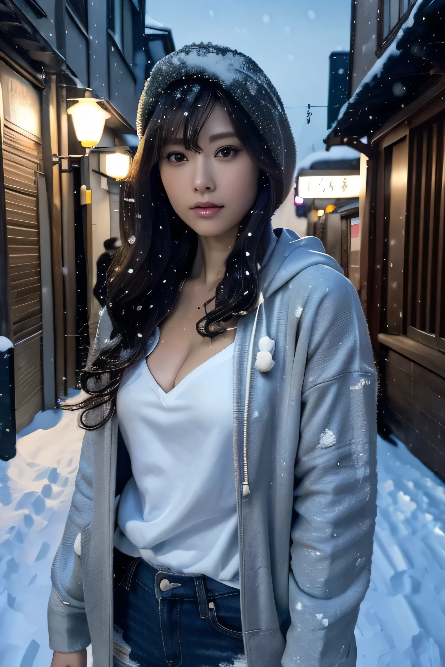 (masutepiece:1.2), ultra-detailliert, 超A high resolution, (Realistic, photo Realistic:1.37), high-definition RAW color photography, professional photograpy, extra detailed face, extremely detailed eye, highlydetailed skin, extremely detailed fingers, highly detailed nose, highly detail mouth, Perfect Anatomy, Highly detailed background, (a famous actress of Japan:1.2), (gals:1.3), (flat chest), Brown race, Dark skin, Very short cut hair, shadowy, hair messy, Full body, Down jacket, White hoodie, during night, dark street view, (Snow in the sky:1.6), Background in the city, Hoodie on the head, Cinematic lighting, Denim pants,