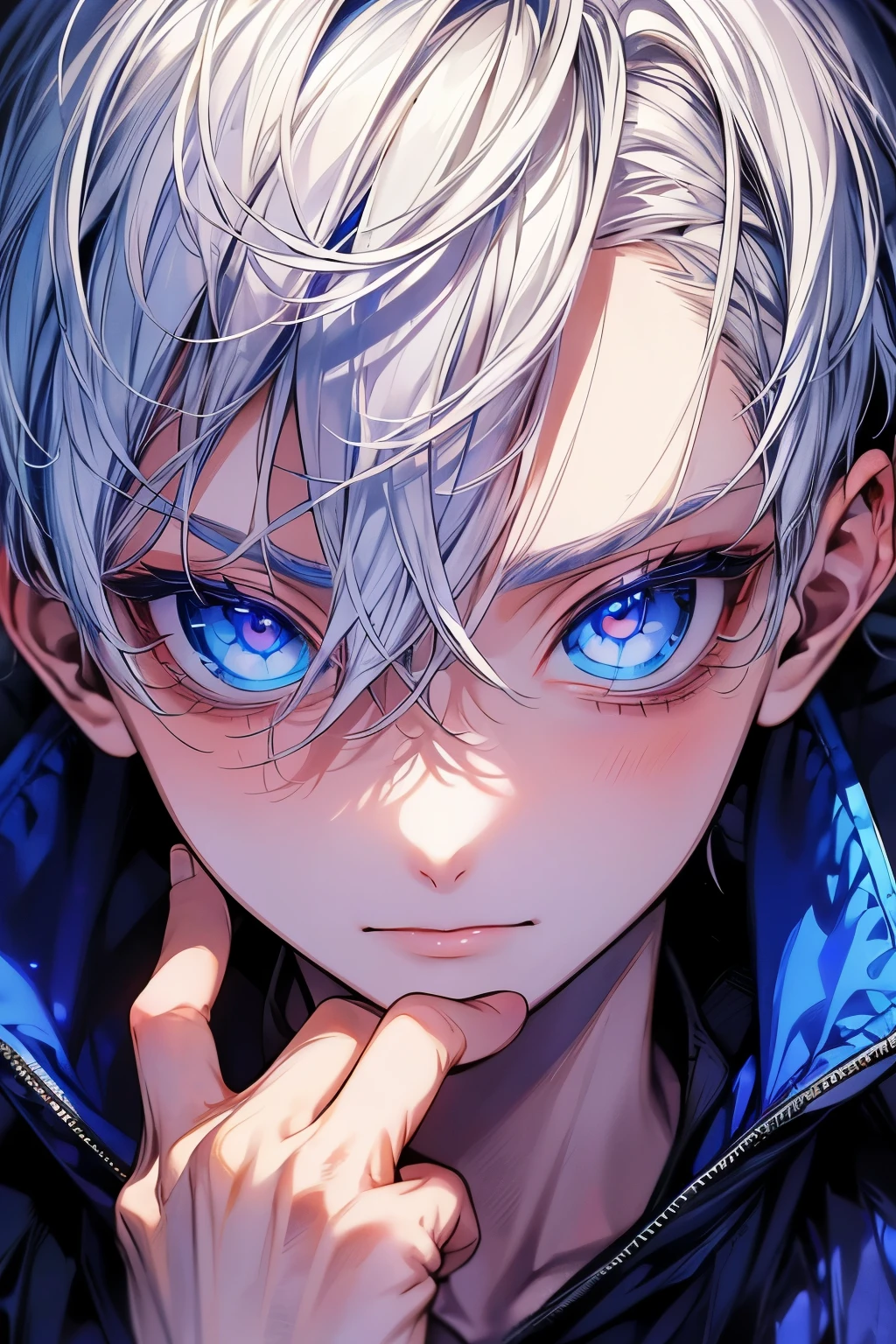 (masutepiece), (Best Quality), Highly detailed, 1 boy, Solo Focus,Perfect face, Beautiful face, extra detailed face,(white hair:1.3),(blue eyess:1.3)