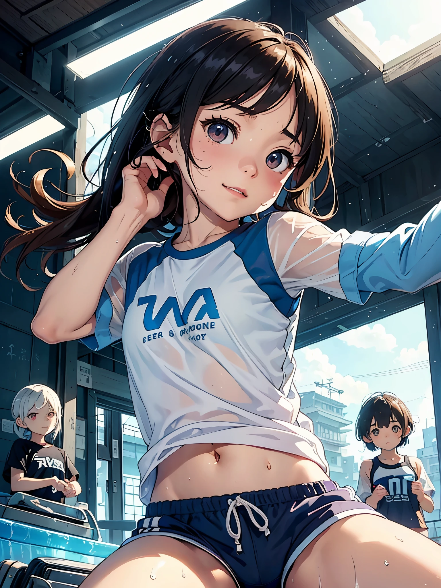 (Superflat, Flat Shading, flat-colors:1.1)、(one asian boyish girl)、(cute little:1.2)、very beautiful 14 year old cartoon girl、Great smile、cheeks are reddened、(High Detail Skin: 1.2)、photorealistic anime girl render、realistic anime 3 d style、cute littleボブカット、Beautiful brown hair、Intense black eyes、Strong highlights of the eyes、(A detailed、medium chest)、Perfect Anatomy、hair messy、old style sportswear、((Sportswear that is transparent with sweat))、white tight sleeveless shirt、dark blue short tight shorts、((Wet with water))、From below、((from the front side))、showing off shorts、Sportswear with a small area、Angle from your feet、Angle from below、((Angle looking up from below、Crotch show off))、Volumetric lighting、Soft light、Bright、neons、Vibrant colors、watercolor paiting、