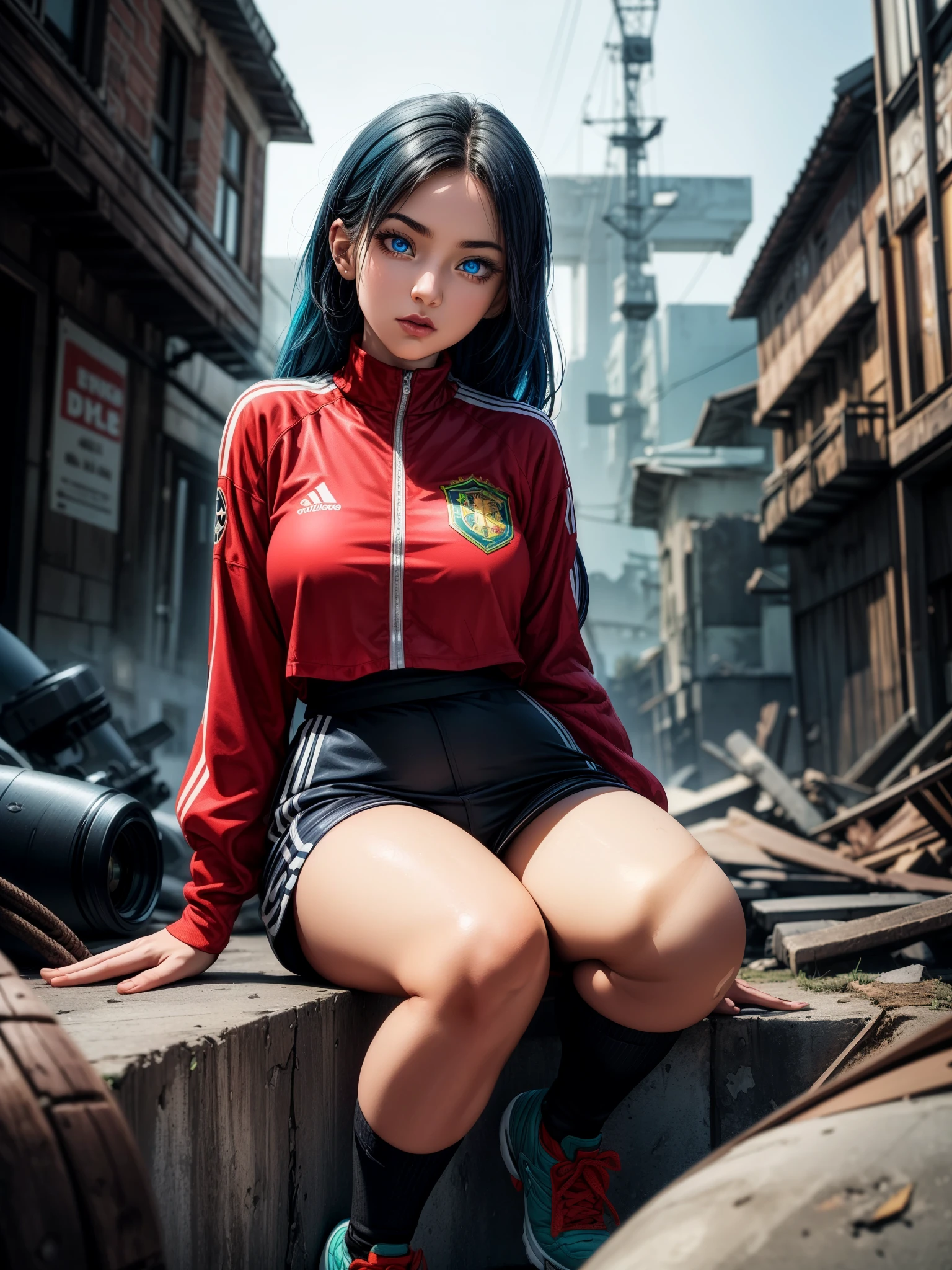 "Design a dynamic and vibrant (4K, 8K, 16k UHD high detail, cinematic art.) logo art featuring a "girl dragon ball z" with blue hair ((vivid eyes)). The outfit is inspired by Uniform of the soccer team Brazil, incorporating iconic elements like the Brazilian flag colors or cultural symbols to enhance the theme. Render it in a dynamic vintage style, perfect for a cartoon comic-style." ((Noir vibes)), complex background, stickers, | Three-dimensional composition, cinematic lighting. | A striking scene of a young woman in an abandoned building, immersed in the terror of a world in ruins. | {The camera is positioned very close to her, revealing her entire body as she adopts a extroverted_pose, interacting with and leaning on a structure in the scene in an exciting way} | ((perfect_pose)), She is adopting a ((extroverted_pose as interacts, boldly leaning on a structure, leaning back in an exciting way):1.3), ((full body)), (perfect_fingers:1.0), (perfect_legs:1.0), More_Detail, better_hands