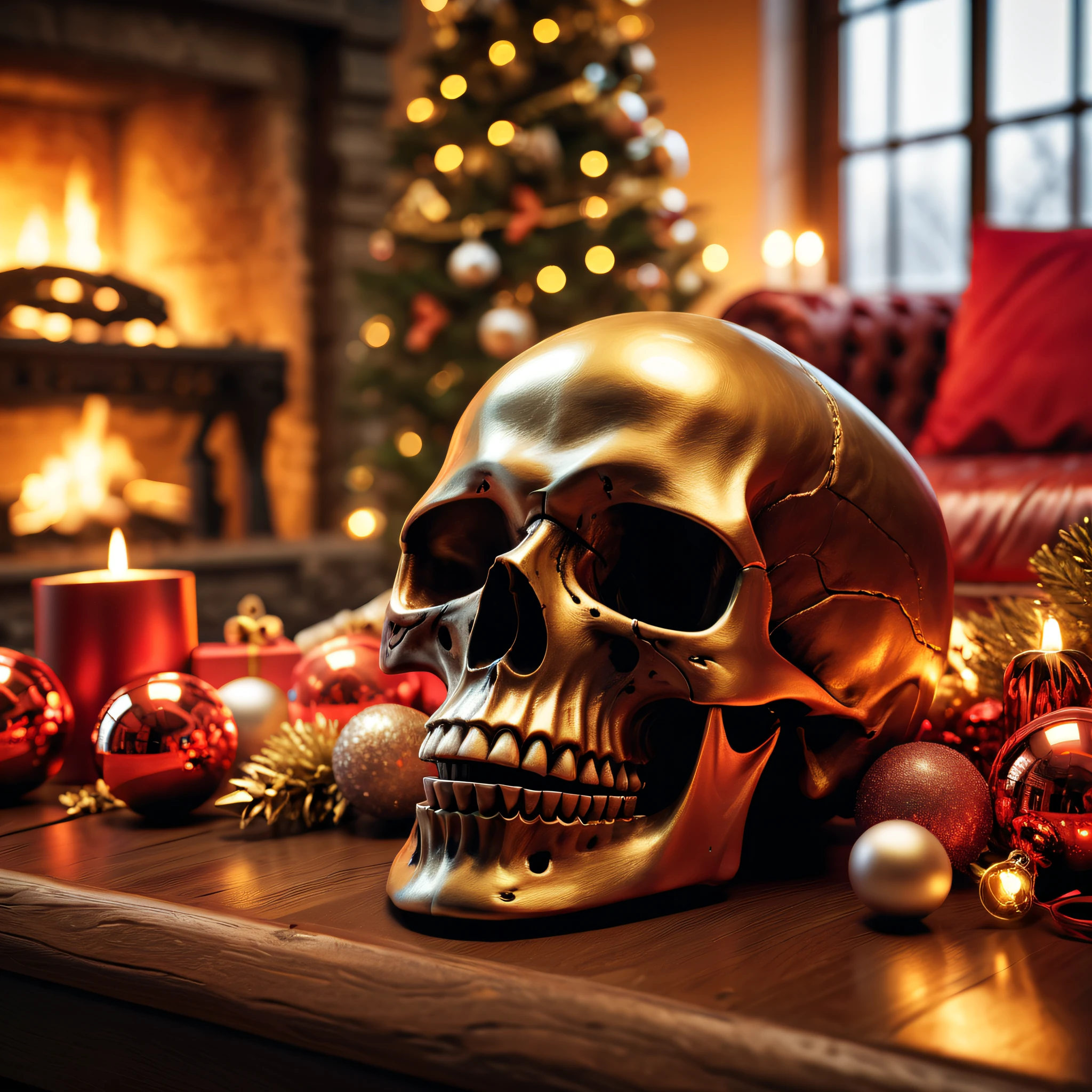 (Best Quality,8K,hight resolution,masutepiece:1.2),Ultra-detailed,realistic metallic skull,detailed corpse,Christmas,Warm background with fireplace,presents are scattered,ominous lighting,Horror-themed,Single-color palette