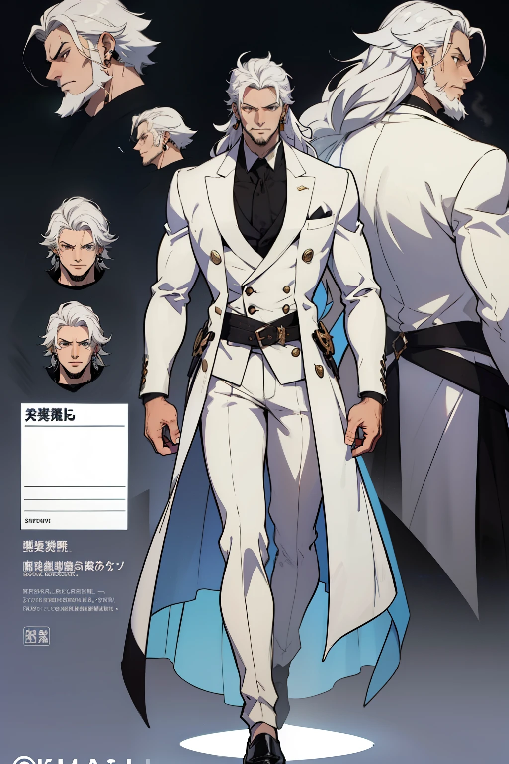 dark skin man, male, black eyes, white hair, long hair, anime style, 4k image, full body, holographic background, Character sheet, Handsome male. Perfect face, 6 ft 5 tall middle aged man. White hair. Long hair. Grey eyes. Beard. Eyepatch. Earrings. Toned body. Muscular male, character design sheet，full bodyesbian, Full of details, body front view, body back view,  Full body, muscle body, Formal suit fantasy, ((Masterpiece, Highest quality)), Detailed face, character design sheet， full bodyesbian, Full of details, frontal body view, back body view, Highly detailed, Depth