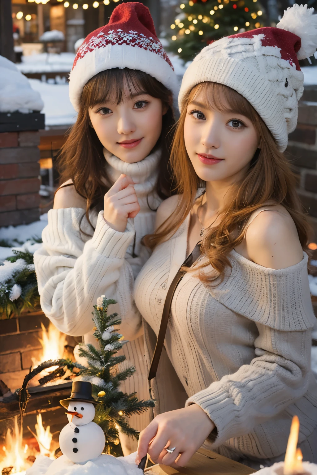 All faces must be different,super big eyes,two girls,detailed faces,beautiful eyes,open shoulders,dynamic pose,snowman,Chirstmas hats,A cozy Christmas village nestled in a snowy forest,