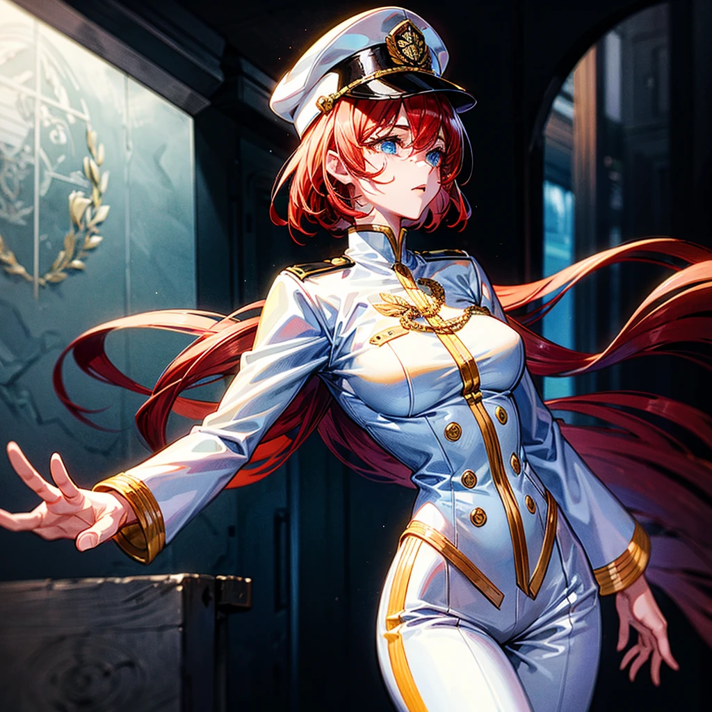 (((masterpiece)))、(((top-quality)))、((highly detailed unity 8kwall-paper))、(Illustration of one woman)、30-years old、(Viceroy)、((Red-haired shorthair))、(Thin hair hanging down both sides of the face)、Blue eyes、((Tall))、((Muscle Woman、stocky build、muscular legs、broad shoulders、solid chest))、((Military uniforms))、((Military Cap))、((Military coat))、(white clothes)、(White pants)、(White cap)、trench coat、((Inside the spaceship))