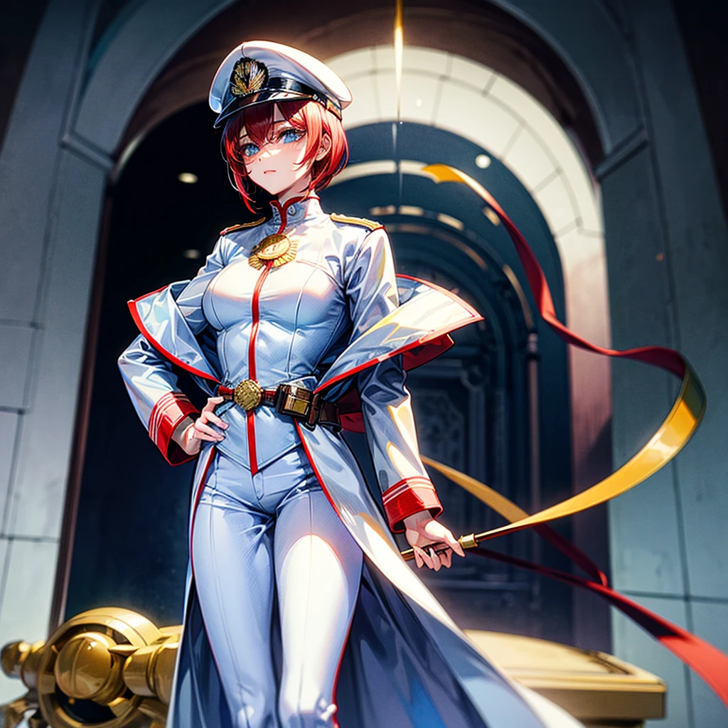 (((masterpiece)))、(((top-quality)))、((highly detailed unity 8kwall-paper))、(Illustration of one woman)、30-years old、(Viceroy)、((Red-haired shorthair))、(Thin hair hanging down both sides of the face)、Blue eyes、((Tall))、((Muscle Woman、stocky build、muscular legs、broad shoulders、solid chest))、((Military uniforms))、((Military Cap))、((Military coat))、(white clothes)、(White pants)、(White cap)、trench coat、((Inside the spaceship))