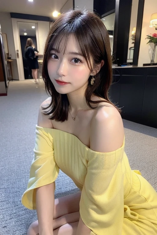 masutepiece, (8K, top-quality), , look at viewr, super gigantic breast, a necklace, Narrow waist, disheveled hair, Bangs, 1girl in, Pink hair,(she was wearing a long yellow party dress、,Off-shoulder_Dress,:1.3),(side slits:1.1)lounging, sofa, Marble floor, Red carpet, Marble pillars,Wine shed、Sit on the carpet、 Photographed with a high-resolution lens such as Nikon AF-S、show foot、Perfect fingertip、perfect hand