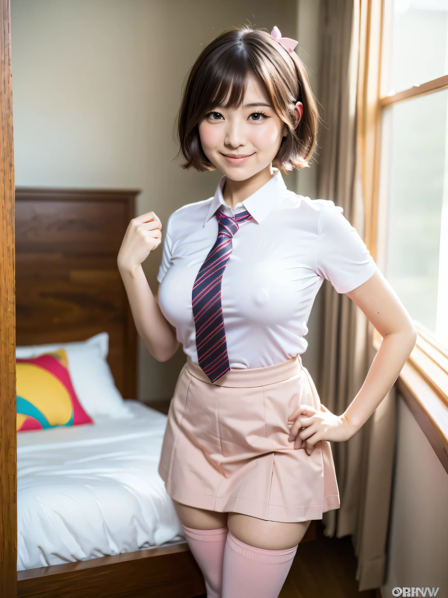 (8K, Raw photo, Best Quality, masutepiece, Realistic, Detailed face, Detailed skin, Warm color temperature:1.2), (1girl in, Solo:1.5), (Ople:1.3), Beautiful japanese girl, Cowboy Shot, (skinny:1.1), (Short stature, Height 148cm, Petite:1.3), (Short hair, bobhair:1.2), Forehead, Brown hair, No bra, Tighttops, Tight, (White collared shirt, Pink tie, pink high waist micro skirt, knee high socks:1.2), Huge breasts, Smile, Shy, Dull color, Standing, facing, Bedrooms, BRAB 5_Realisian V50_PFv30