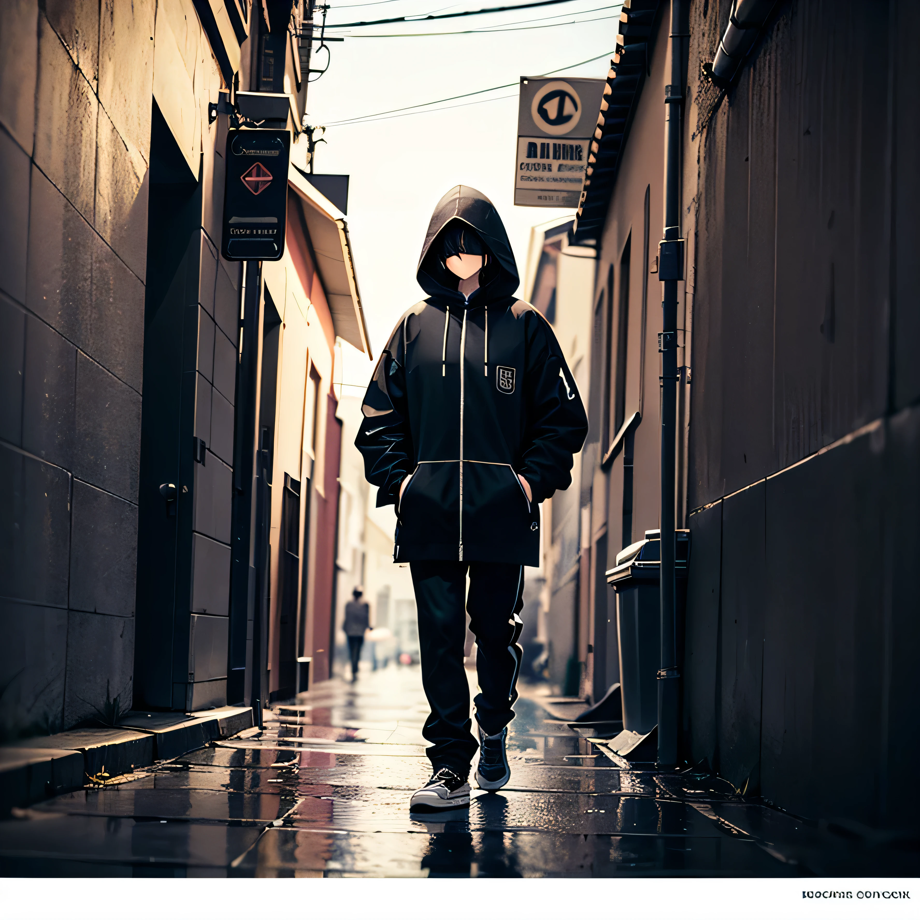 Guy 18 years old, with long, flowing black tousled hair, closing eyes, and black compound eyes, I&#39;m standing in a dull windbreaker, hood, and black parachute pants, in the rain in the night city in a dark alley, style of depression and melancholy, 4K or 8K resolution, The character looks up, sad face, Gray tones, pronounced downpour,