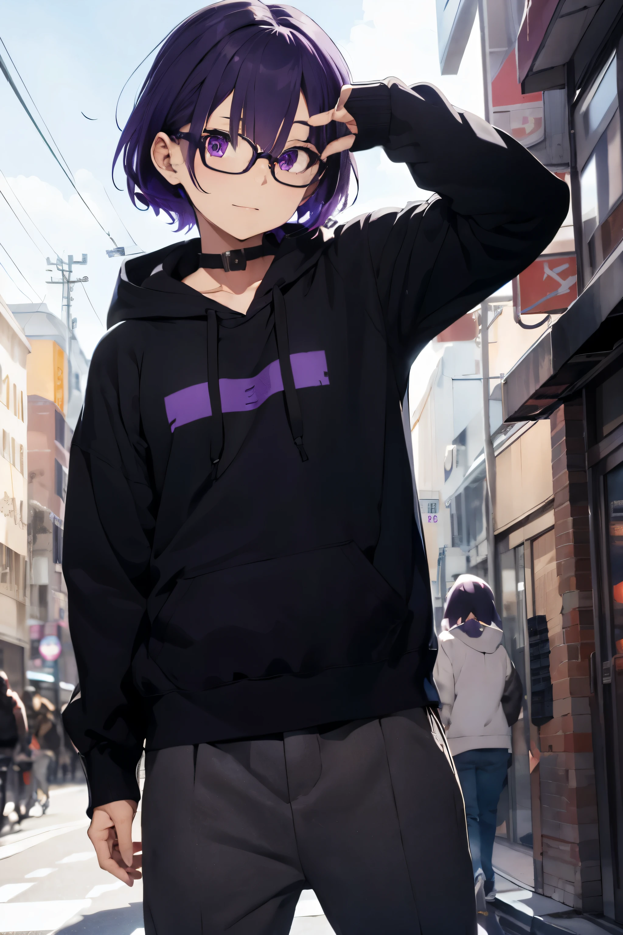 Purple hair、Amemiya Ren style hair、man wearing square glasses、Genkamikaze、black hoodie black pants