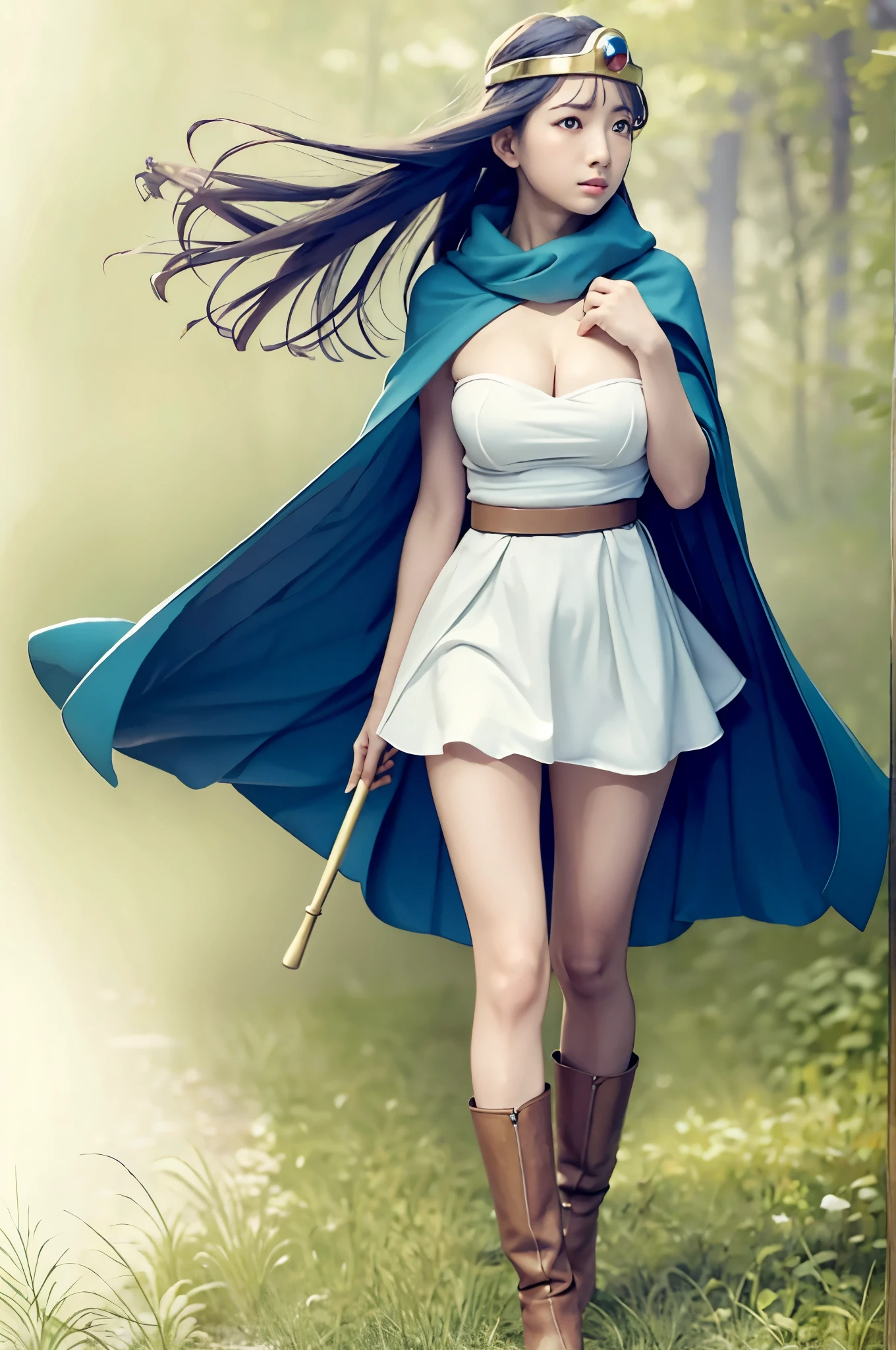 masterpiece, best quality, ultra-detailed, illustration, sage_(dq3), 1girl, (holding staff, staff:1.3), solo, long hair, blue hair, circlet, red eyes, large breasts, yellow gloves, white dress, belt, cape, boots, cleavage, bare shoulders, underwear, standing, full body, grass, wind lift, simple background, white background