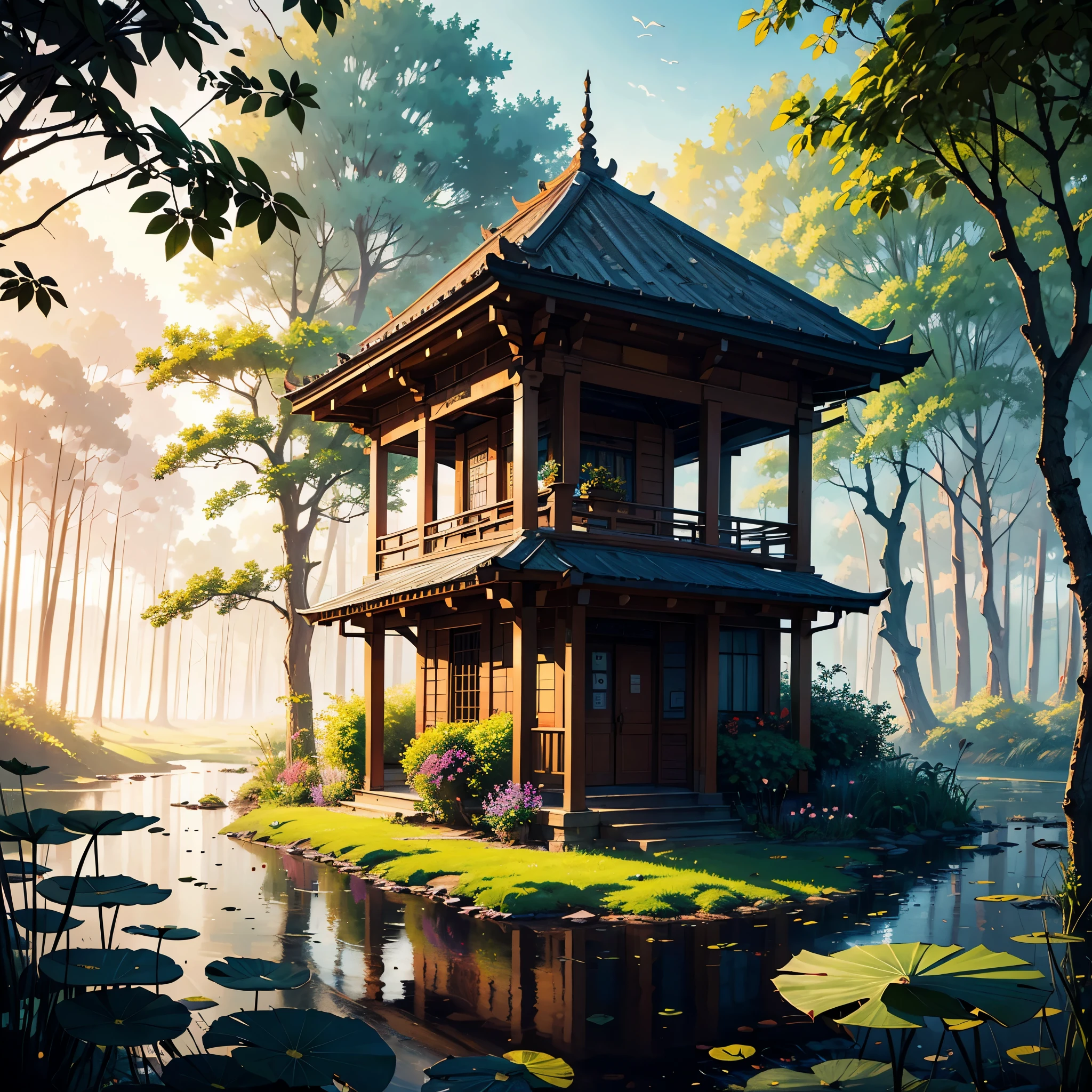 (best quality, masterpieces, 8k:1.2), shrine, lotus leaves:3, lotus flowers:3, (mist, cloudy), forest, marsh, illustration, vivid colors, bokeh