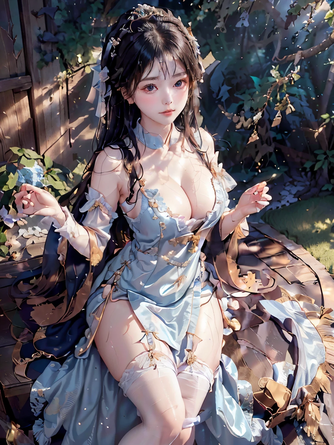 best quality, ultra hi res, photoreaslistic, a photography of a beautiful woman,   age, detailed face, black Feathered layers, (detailed porcelain doll,delicate clothes with a lot of frills and ribbonridge, (face close up), open V-chested clothes royal, Wet body of thin silk fabric, Thin silk lace dress, (huge boobs，cleavage),, white pink, blue ，best qualtiy，tmasterpiece，超高分辨率，（真实感：1.4），RAW photogr，（True skin texture：1.3），（filmgrain：1.3），（Selfie angle），1个Giant Breast Girl，Beautiful eye and face details，tmasterpiece，Best quality at best，exposing thighigchest，The chest more exposed, seductive look, looking at viewer