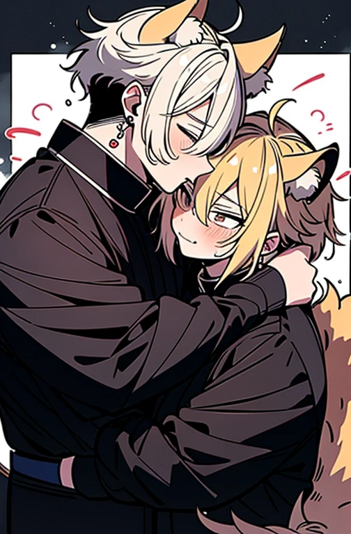 kendomurft, vtuber, femboy, yellow hair, violet eyes, student clothes, Ears in hair, yellow tail, Blushing, happy, long sleeves, white clothes, black chalequito, short hair, whole body, long nylon, chaleco negro, sex, pene, sexo, otro chico desnudo, sin pantalones