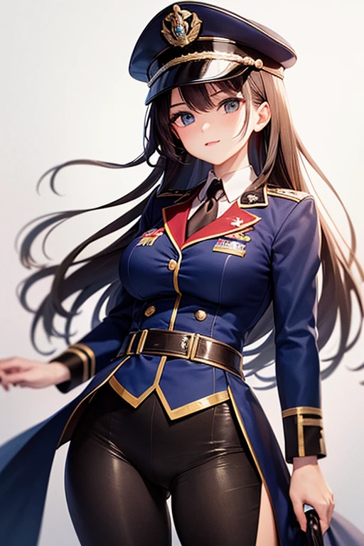 (8K, Tachi-E, Best Quality, Super Detail), Full body shot of flight attendant in dark blue uniform, double-headed body, black hair bubbles, long eyelashes, solid round eyes, light smile, with blush, surreal background, full of shadows, atmospheric perspective using POV.