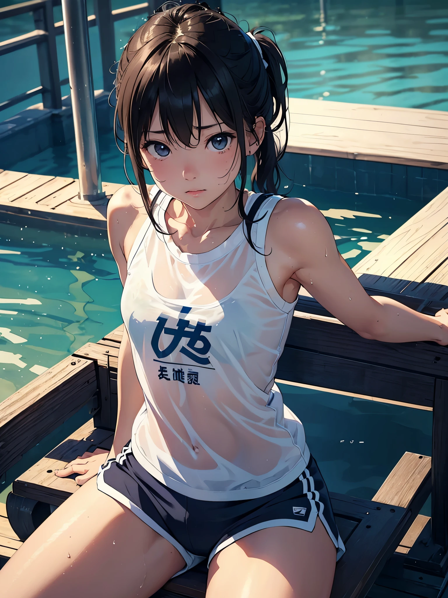 (Superflat, Flat Shading, flat-colors:1.1)、(Magazine Cover)、Illustrations、(one asian boyish girl)、(cute little:1.2)、very beautiful 14 year old cartoon girl、Great smile、cheeks are reddened、(High Detail Skin: 1.2)、photorealistic anime girl render、realistic anime 3 d style、cute littleボブカット、Beautiful brown hair、Intense black eyes、Strong highlights of the eyes、(A detailed、medium chest)、Perfect Anatomy、hair messy、old style sportswear、((Sportswear that is transparent with sweat))、white tight sleeveless shirt、dark blue short tight shorts、((Wet with water))、accurate arms、5 fingers、Precise legs、On the bench、Sit up、From below、((from the front side))、showing off shorts、Sportswear with a small area、Angle from your feet、Angle from below、((Angle looking up from below、Crotch show off))、Volumetric lighting、Soft light、Bright、neons、Vibrant colors、watercolor paiting、