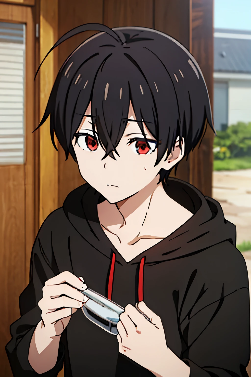 1boy, black hair, red eyes, ahoge, cowlick, hort haircut, messy bangs, black hoodie, skinny, pale skin, long eyelashes