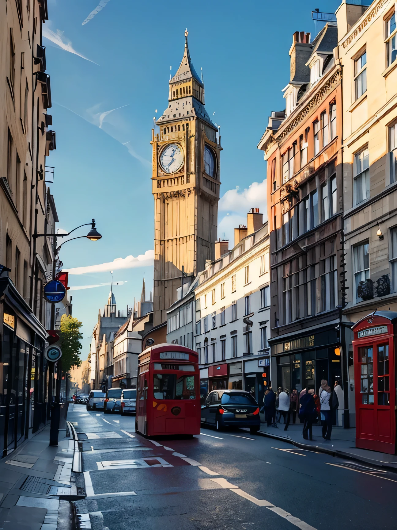 HD color strokes, London street and blue sky, Big Ben, red double-decker bus, street taxi, red phone booth.