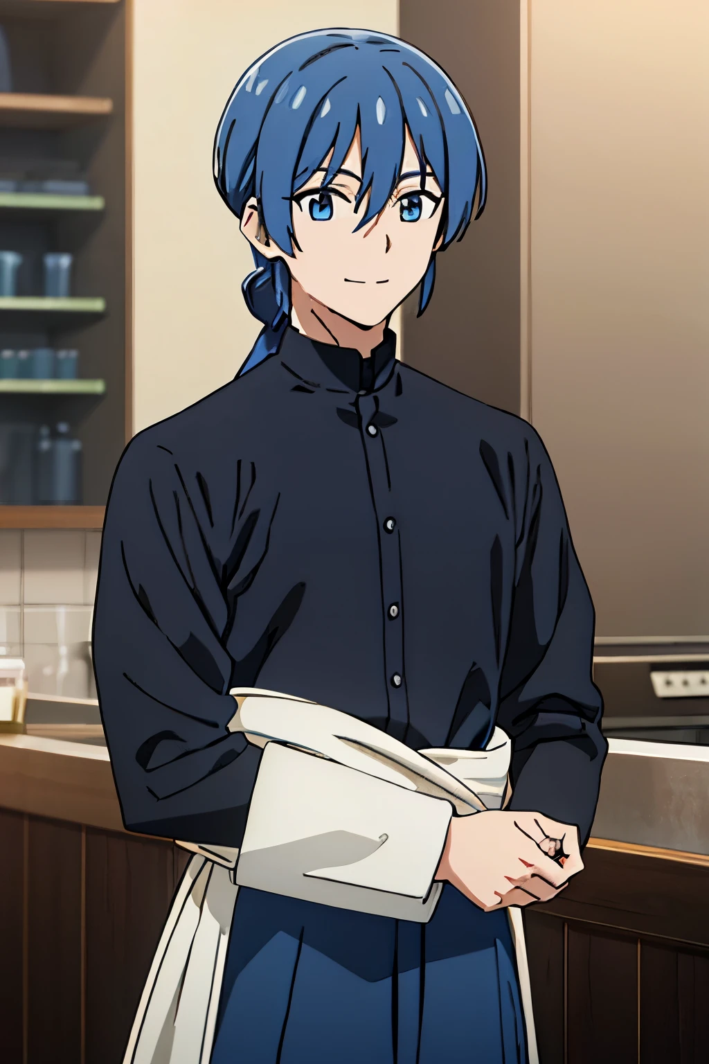 male, boy ,man, long ponytail, bangs, blue hair, blue eyes, smile, black long sleeves shirt,