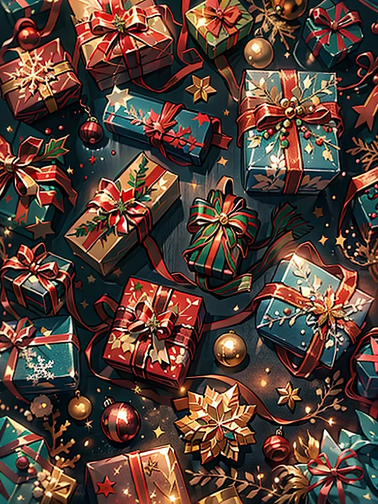 best quality,highres,(realistic:1.37),vibrant colors,studio lighting,bokeh,(christmas gift:1.1),shiny texture,sparkling ribbons,beautifully wrapped,delicate bow,ornaments,detailed pattern,glowing,glittering,joyful atmosphere,magical presents,cozy living room,holiday decorations,festive vibe,warm fireplace,brightly lit Christmas tree,snowflakes falling,celebration,love and happiness,wonderful surprise,magical moment,wish fulfillment,believing in miracles,holiday spirit,memorable experience,peace and harmony