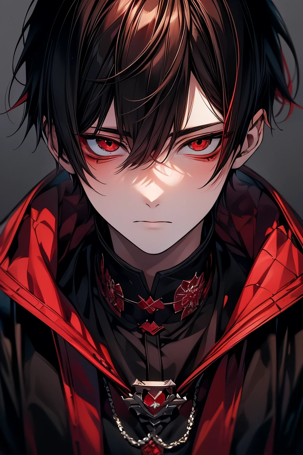 A close up of a person with red eyes and a black jacket - SeaArt AI