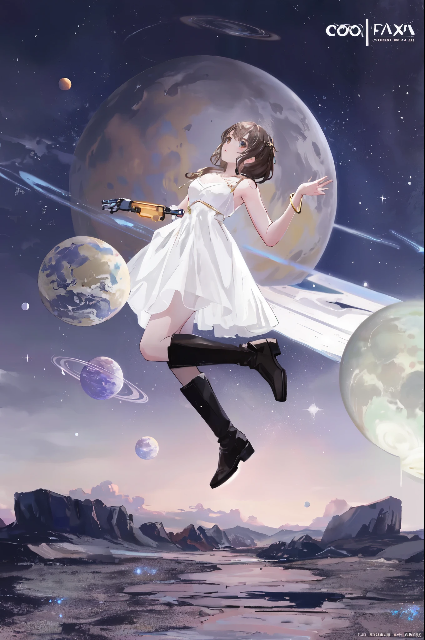 araffes digital art of a woman in a white dress and boots flying over a planet, girl in space, brown hair, floating beside planets, cyborg goddess in cosmos, cosmic girl, promo art, cosmic , magical fairy floating in space, queen of the galaxy, floating in outer space, goddess of galaxies, astral dress, standing in outer space, floating on space