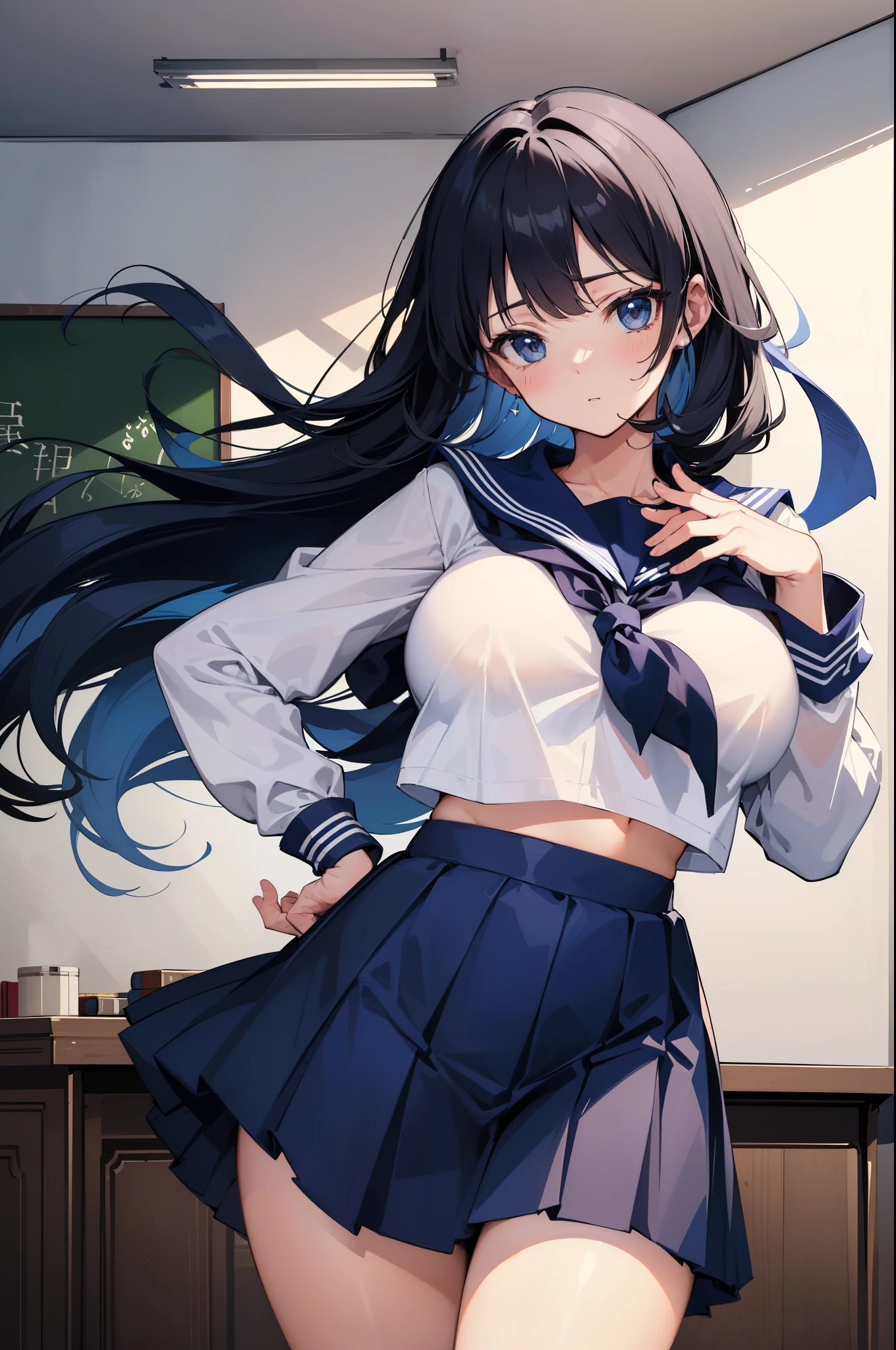 (top-quality), (((​masterpiece))), (1girl), A sexy, Big body, black hair, beautiful blue eyes, ((neat sailor suit)), classroom, ((gigantic breasts)), ((neat navy blue miniskirt)), (neat sailor ribbon), ((perfect fingers)), (perfect anatomy), (perfect face)