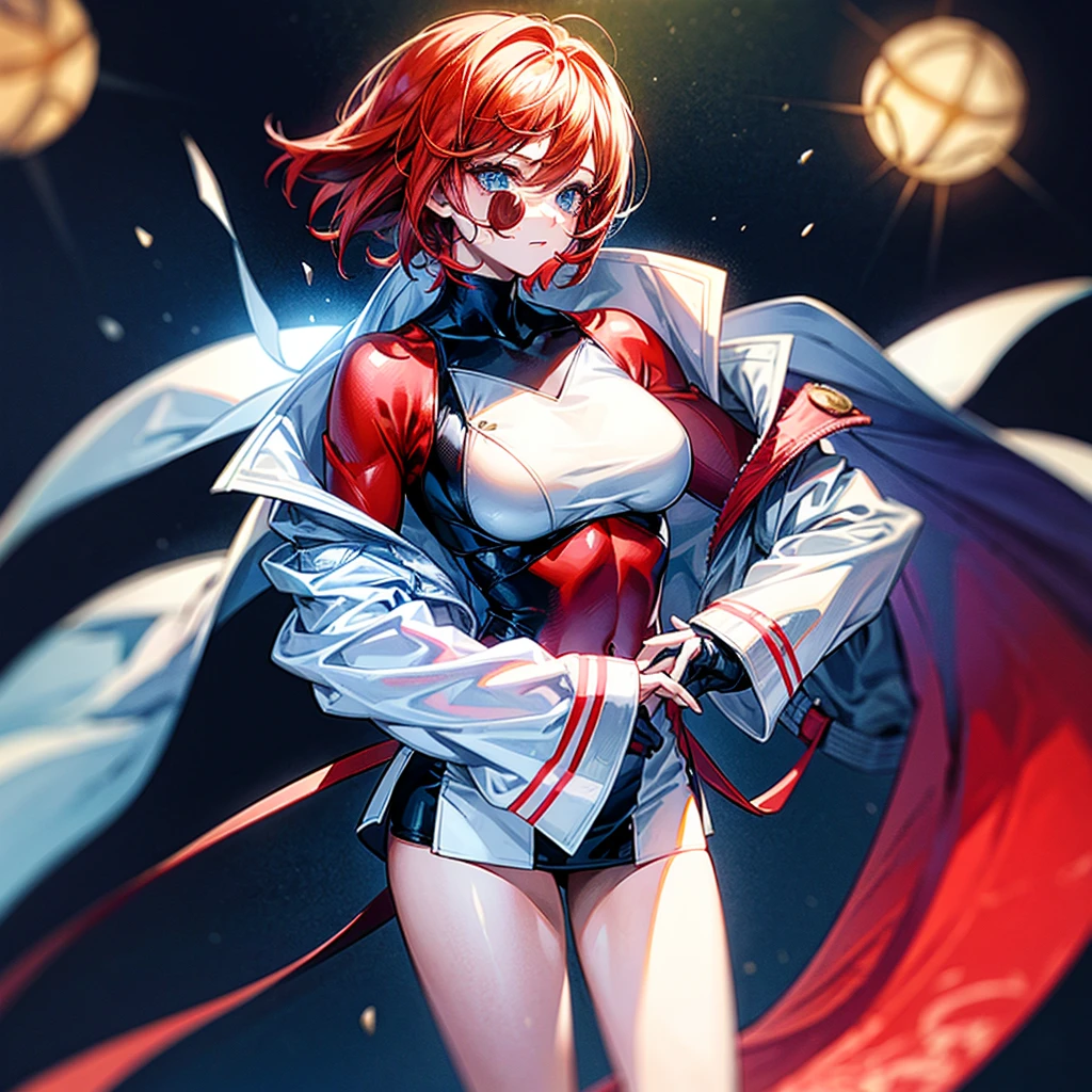 (((masterpiece)))、(((top-quality)))、((highly detailed unity 8kwall-paper))、(Illustration of one woman)、30-years old、(Viceroy)、((Red-haired shorthair))、(Thin hair hanging down both sides of the face)、Blue eyes、((Tall))、((Muscle Woman、stocky build、muscular legs、broad shoulders、solid chest))、(((white military uniform)))、trench coat、((Inside the spaceship))
