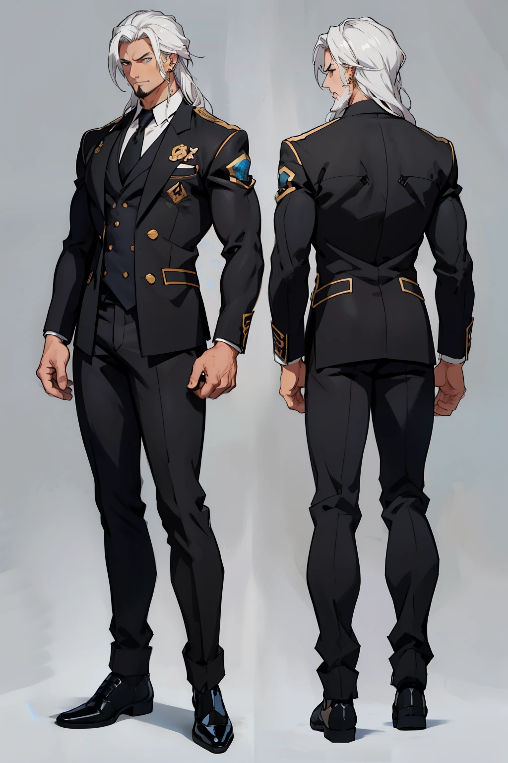 dark skin man, male, black eyes, white hair, long hair, anime style, 4k image, full body, holographic background, Character sheet, Handsome male. Perfect face, 6 ft 5 tall middle aged man. White hair. Long hair. Grey eyes. Beard. Eyepatch. Earrings. Toned body. Muscular male, character design sheet，full bodyesbian, Full of details, body front view, body back view,  Full body, muscle body, Formal suit fantasy, ((Masterpiece, Highest quality)), Detailed face, character design sheet， full bodyesbian, Full of details, frontal body view, back body view, Highly detailed, Depth