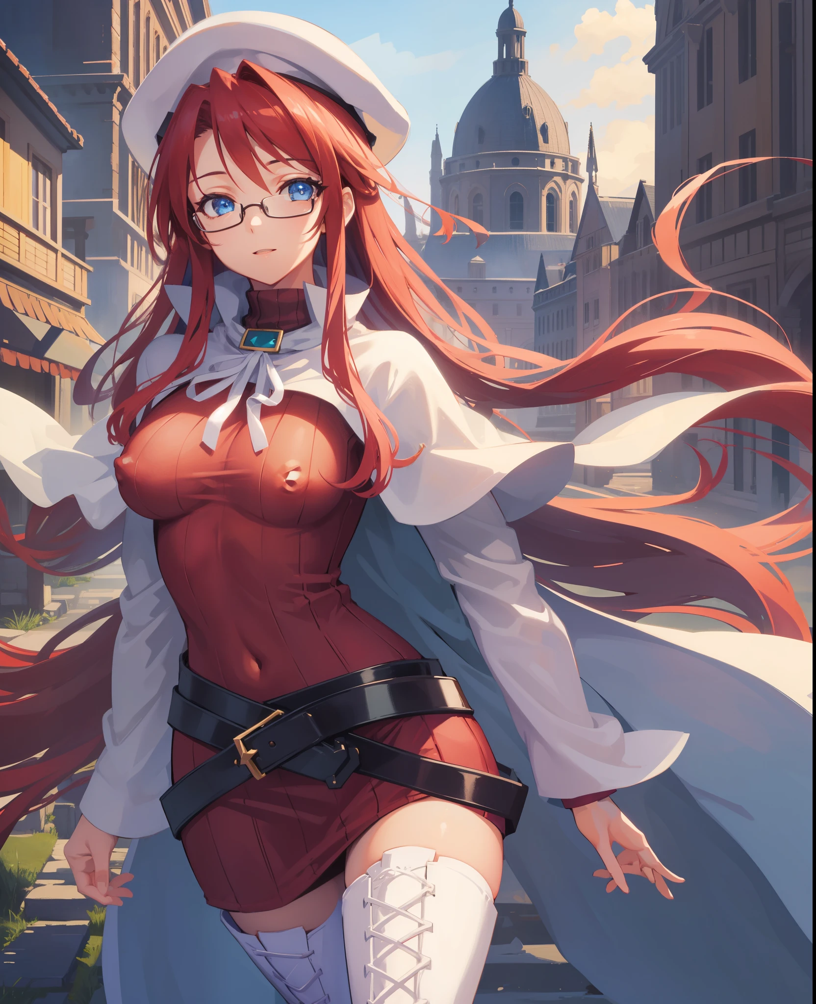 summonnightaty, aty, long hair, blue eyes, red hair, beret, hat, glasses,
BREAK long hair, thighhighs, hat, dress, boots, glasses, belt, cape, sweater, zettai ryouiki, beret, thigh boots, white footwear, ribbed sweater, loose belt,,
BREAK outdoors, fantasy_town,
BREAK (masterpiece:1.2), best quality, high resolution, unity 8k wallpaper, (illustration:0.8), (beautiful detailed eyes:1.6), extremely detailed face, perfect lighting, extremely detailed CG, (perfect hands, perfect anatomy),(covered_nipples:1.3),covered_navel,light_smile,dynamic_posing ,walking,(half_eyes:1.2),light_open_mouth,sword,armpit