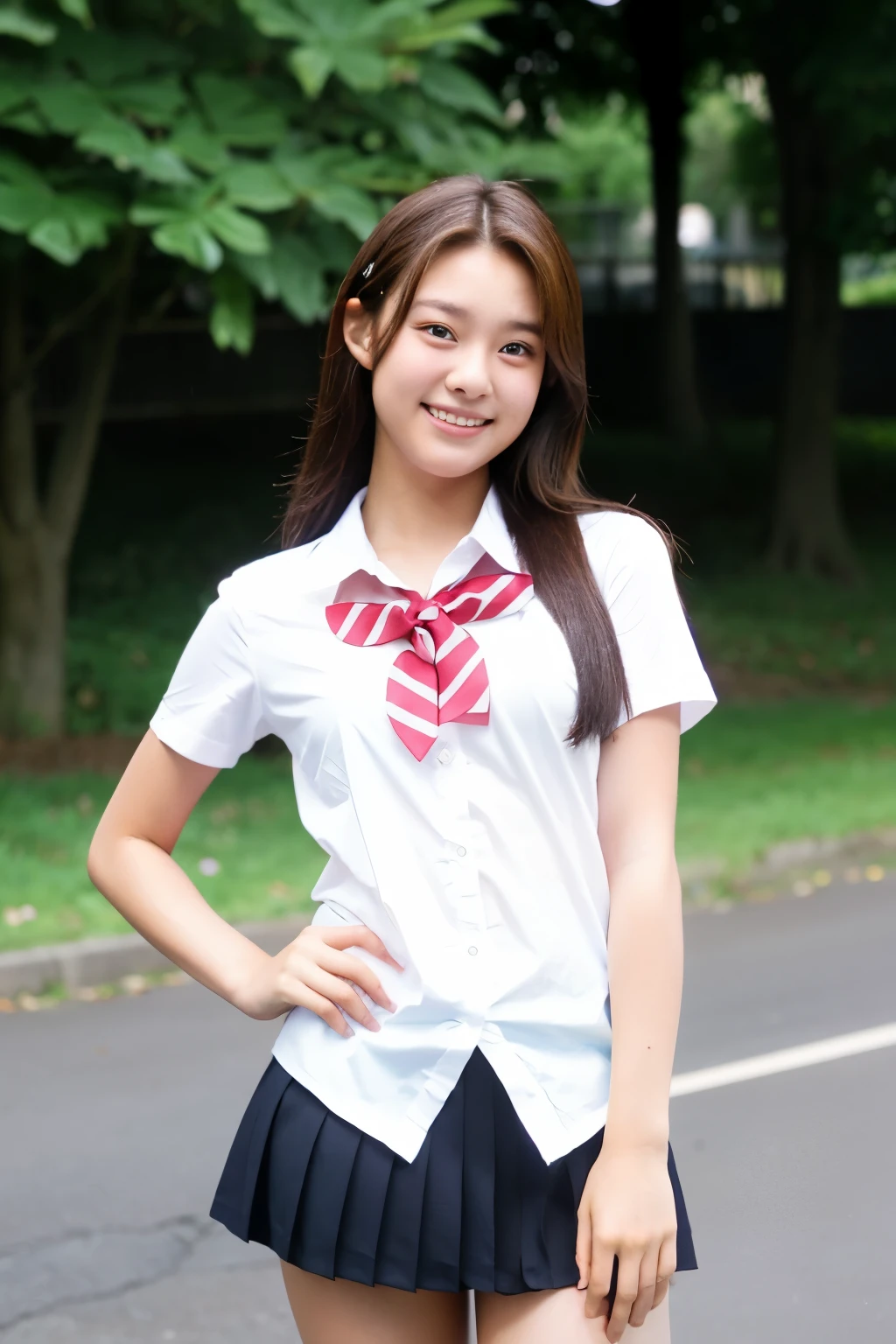 High school students、a miniskirt、校服、a smile