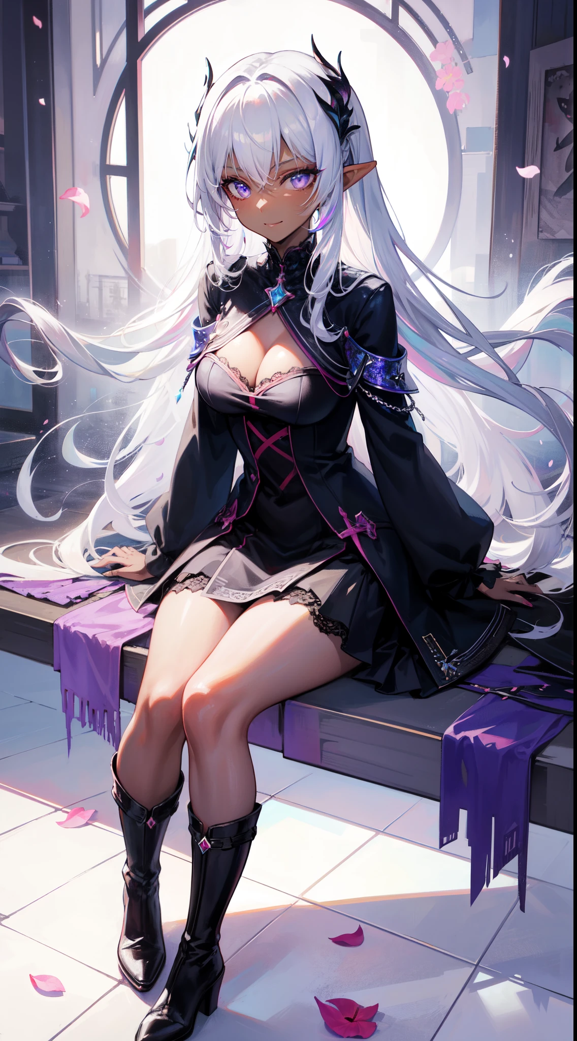 ((masterpiece, best quality)), official art, 8k wallpaper, ultra detailed,  mature dark elf girl, dark blue and white dress, girl in a buble, sitting, flowers, expressionless, boots, glass texture, light transmission, spectral light, gradient translucent glass melt, caustic, transparent glass texture, high detail luminescence, (prismatic patterns on hair and clothes:1.3), ((glowing petals encircle and intertwine around her)), watercolor, watercolor style, splatter, vibrant color, art by Artgerm, by Kawacy, by Yoshitaka Amano, BREAK, highly detailed of (dark elf), (1girl), solo, perfect face, details eye, Blunt bangs, (hair between eye), white hair, violet eyes, BREAK, eyelashes, eyeshadow, pink eyeshadow, (dark skin:1.2), glaring, smile, medium breast,