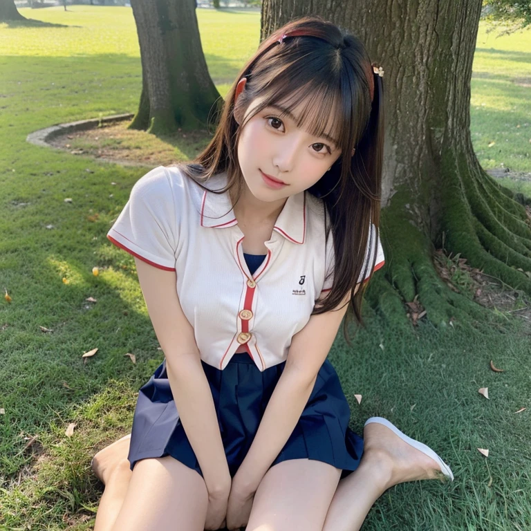 (masterpiece, highest quality:1.4), Award-winning portraits, 8k, 85mm, alone, Beautiful Face, Delicate girl, (Cheerleader、On the grass), Sophisticated, cute, , RAW Photos, Confused, High resolution, Sharp focus, Background blur、(((Flat 、thin and delicate body、Childish atmosphere)))、shiny semi-long hair、ponytail、Mole on the left cheek、 Dark blue eyes、High Kick、the skirt is swaying in the wind、Hair swaying in the wind、sexy、Flexible legs