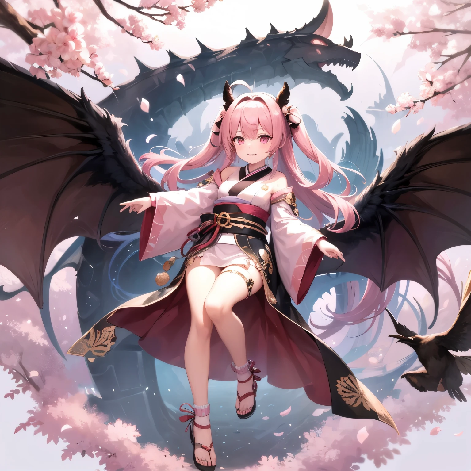 one girls、Pink hair、Twin-tailed、Antenna Hair、Toothless smile、Pink eyes、pink japanese clothes、hightquality、high-level image quality、erect through、full body Esbian