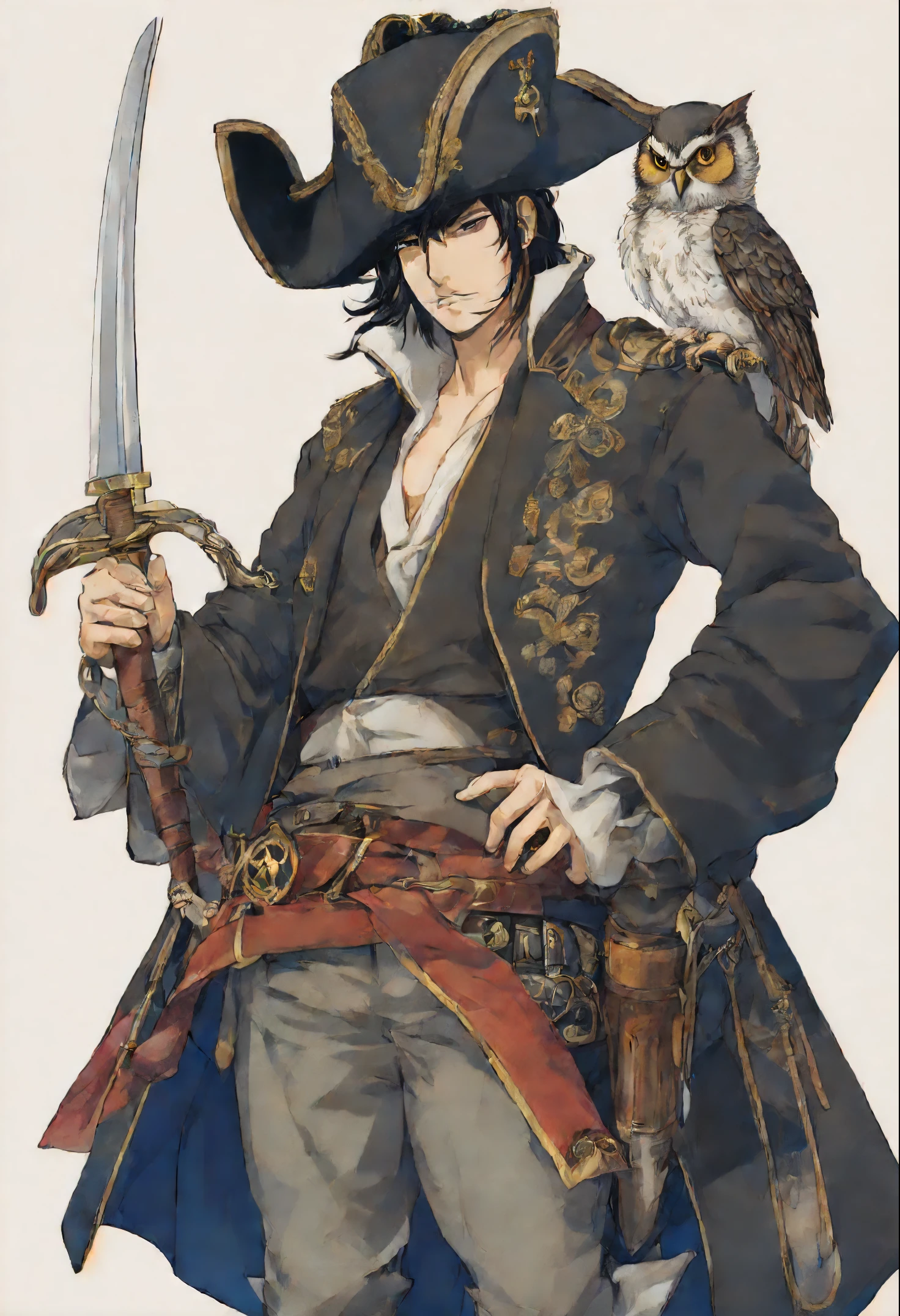 anatomically correctly drawn body, Anime character, style anime, Close-up of a person (a pirate) with an owl on his shoulder, King of a pirates, Masamune shiro, a pirate captain, key anime art, shigenori soejima illustration, inspired by Okumura Masanobu, detailed key anime art, Masamune, shirow Masamune, a Swashbuckler-class pirate, a pirate, Portrait of a pirate