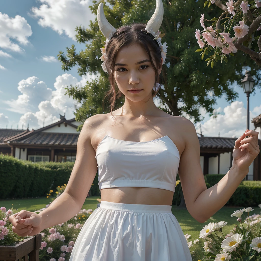 (Masterpiece), (Excellent), (Extremely Fine), White Dew, Square, Spectator, Dragon's Tail Horns, Upper Body, Flowers, Streamers, Clouds,