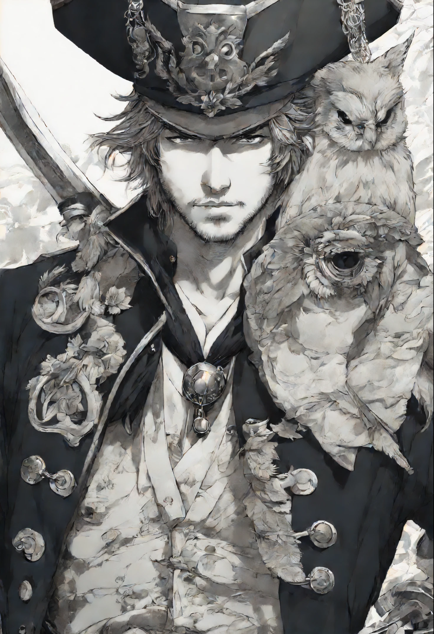 anatomically correctly drawn body, Anime character, style anime, Close-up of a person (a pirate) with an owl on his shoulder, King of a pirates, Masamune shiro, a pirate captain, key anime art, shigenori soejima illustration, inspired by Okumura Masanobu, detailed key anime art, Masamune, shirow Masamune, a Swashbuckler-class pirate, a pirate, Portrait of a pirate