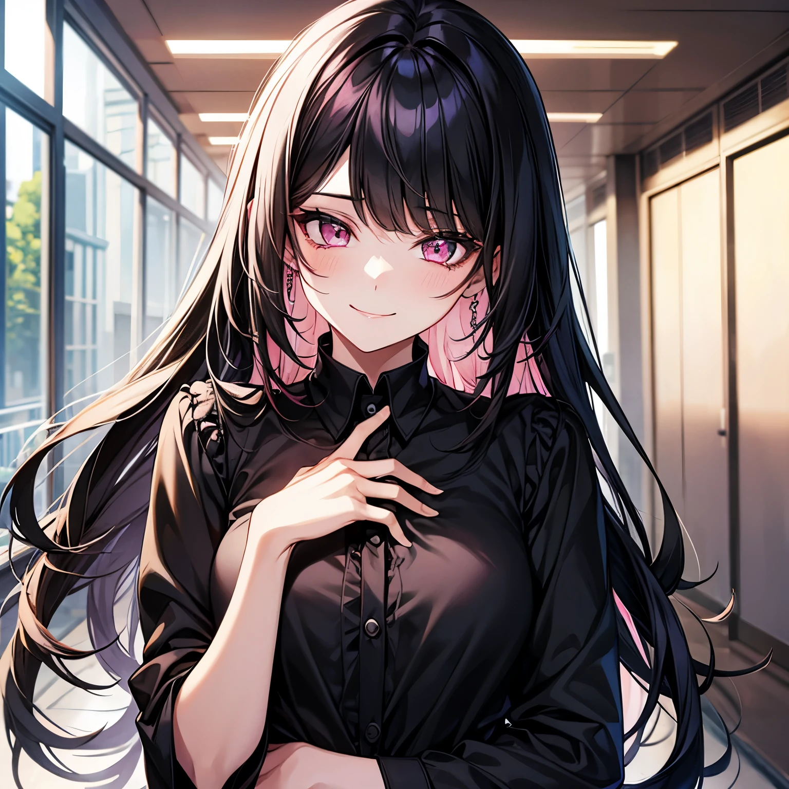 A pretty beautiful lady, pink eyes and long hime haircut black hair, long hair, looking at you flirtly and smugly smile,  school hallway, black blouse,  a human, modern era, close up.