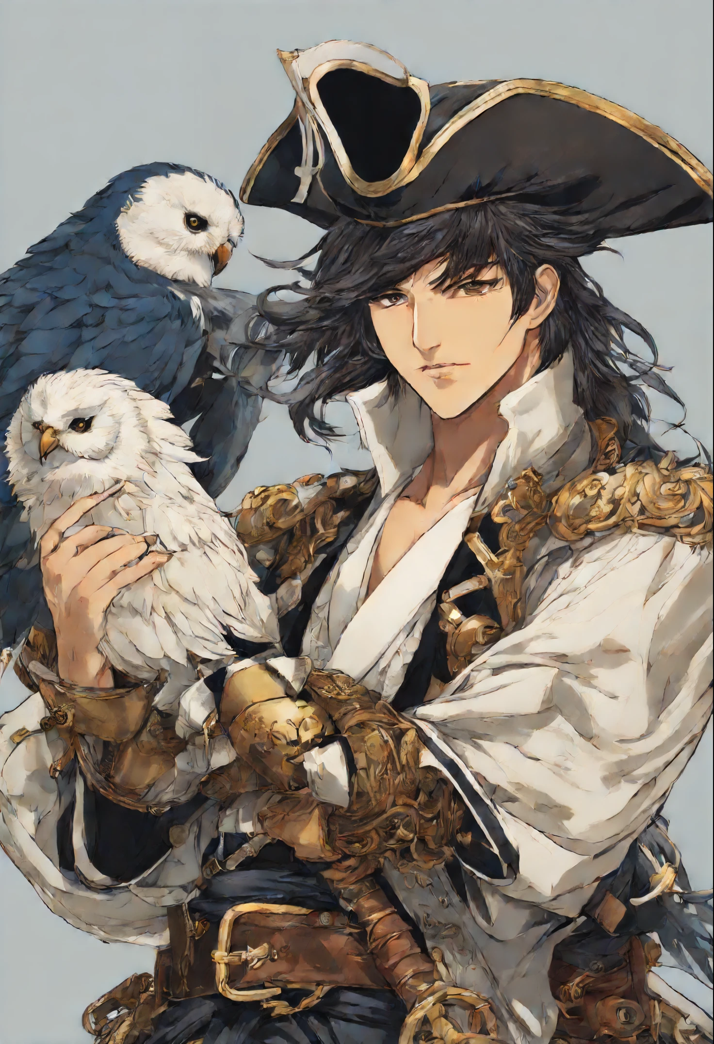 anatomically correctly drawn body, Anime character, style anime, Close-up of a person (a pirate) with an owl on his shoulder, King of a pirates, Masamune shiro, a pirate captain, key anime art, shigenori soejima illustration, inspired by Okumura Masanobu, detailed key anime art, Masamune, shirow Masamune, a Swashbuckler-class pirate, a pirate, Portrait of a pirate