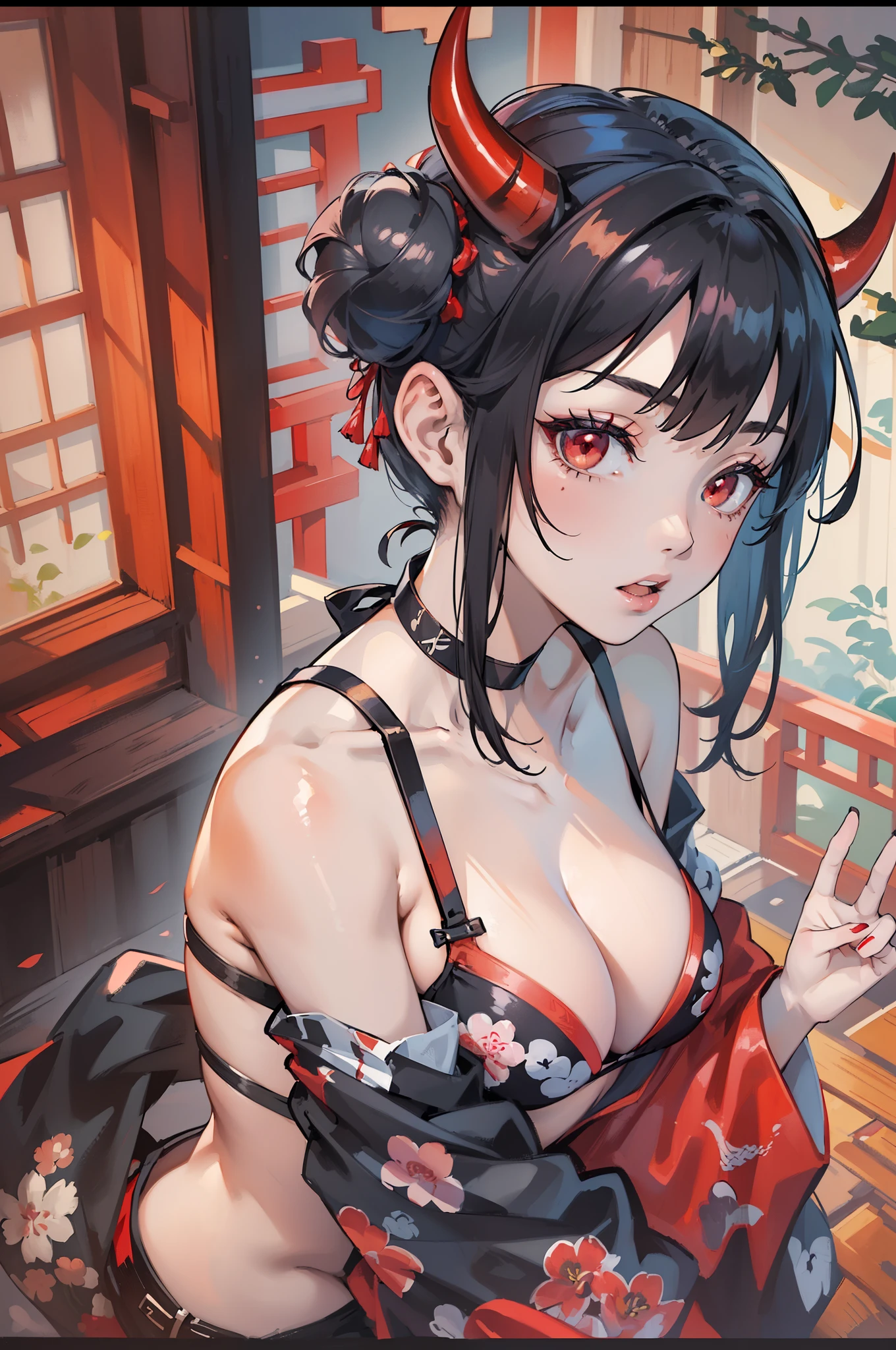 (masterpiece, best quality:1.2), (1girl, solo), 18years old, upper body, (black kimono, undressing, bare shoulder, black bikini bra), (black hair, single bun), (red demon horns, red eyes), victory sign, side view, looking at viewer