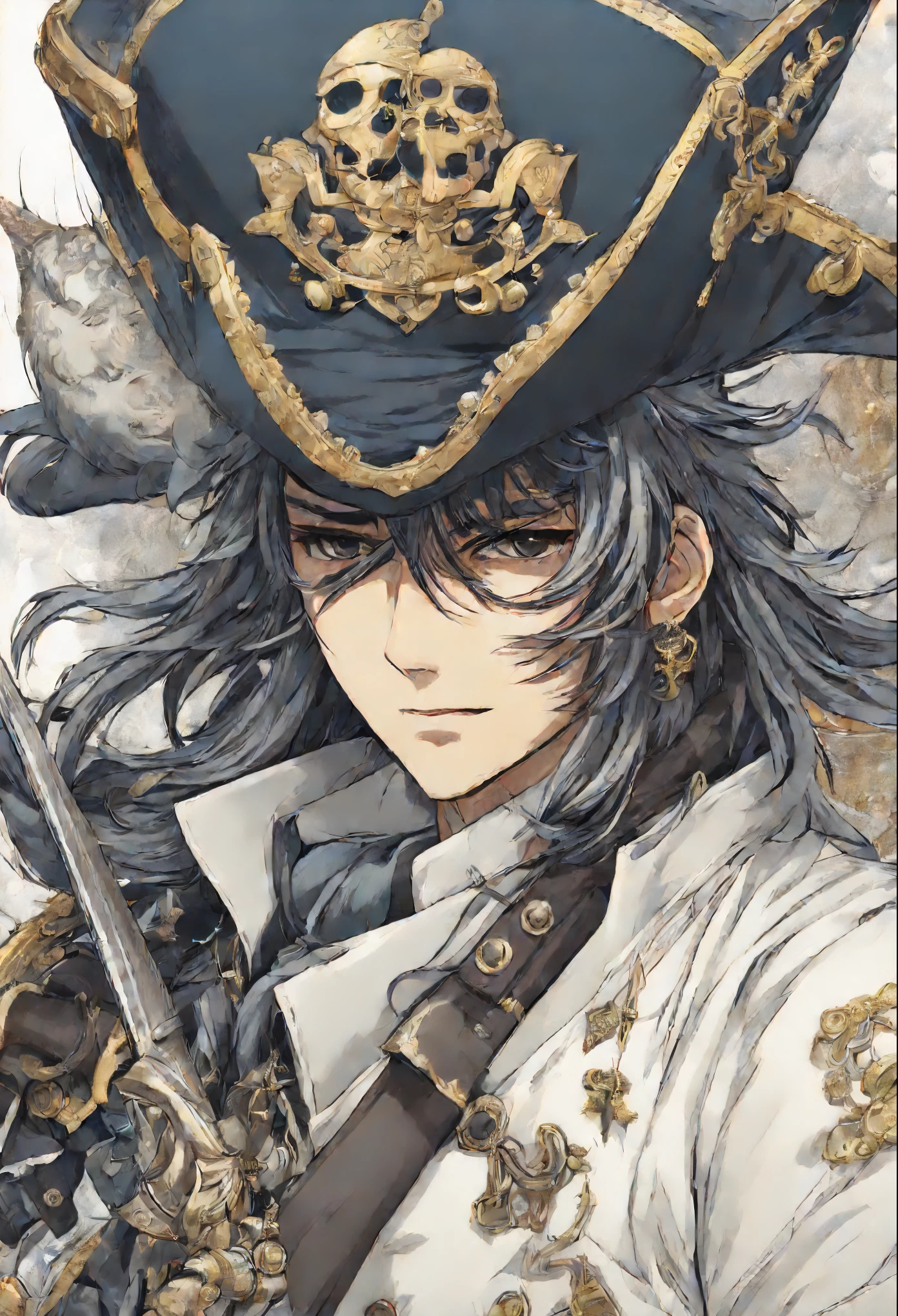 anatomically correctly drawn body, Anime character, style anime, Close-up of a person (a pirate) with an owl on his shoulder, King of a pirates, Masamune shiro, a pirate captain, key anime art, shigenori soejima illustration, inspired by Okumura Masanobu, detailed key anime art, Masamune, shirow Masamune, a Swashbuckler-class pirate, a pirate, Portrait of a pirate