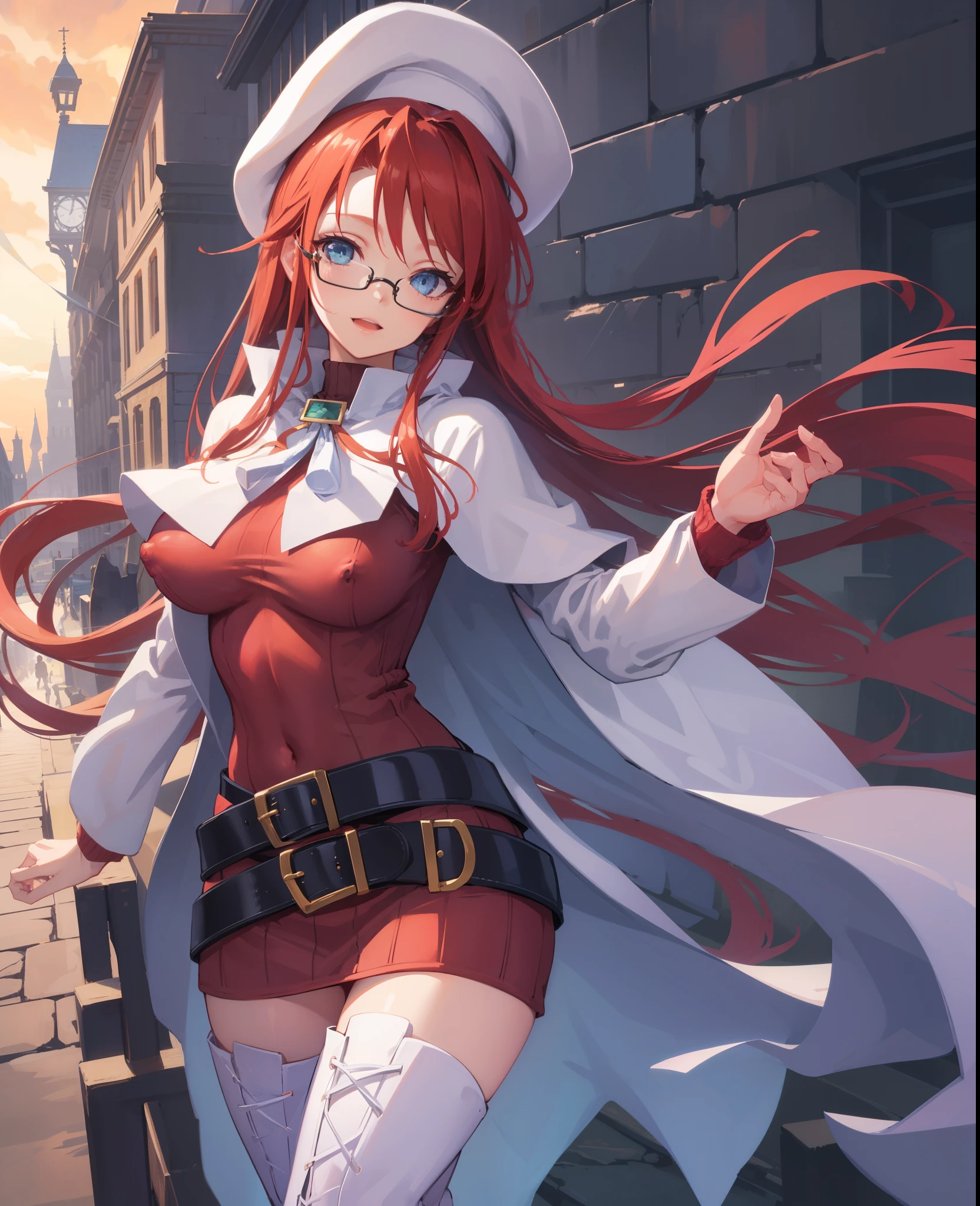 summonnightaty, aty, long hair, blue eyes, red hair, beret, hat, glasses,
BREAK long hair, thighhighs, hat, dress, boots, glasses, belt, cape, sweater, zettai ryouiki, beret, thigh boots, white footwear, ribbed sweater, loose belt,,
BREAK outdoors, fantasy_town,
BREAK (masterpiece:1.2), best quality, high resolution, unity 8k wallpaper, (illustration:0.8), (beautiful detailed eyes:1.6), extremely detailed face, perfect lighting, extremely detailed CG, (perfect hands, perfect anatomy),(covered_nipples:1.3),covered_navel,light_smile,dynamic_posing ,walking,(half_eyes:1.2),light_open_mouth,sword,armpit