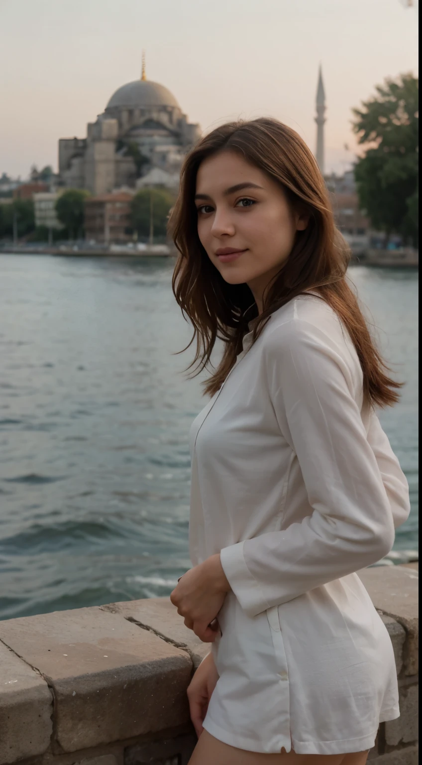 Create an ultra-realistic, high-resolution image of a 22-year-old Turkish woman, She has long, wavy chestnut hair and expressive hazel eyes. She's captured in a picturesque setting, perhaps a historical site in Istanbul, with the Bosphorus and ancient architecture in the background, The time is just before sunset, lending a soft, golden light to the scene. She's smiling gently, looking away from the camera, lost in thought, The details of her face, the textures of her clothing, and the surrounding environment should be vivid and lifelike, with a depth and clarity that makes the image feel almost tangible